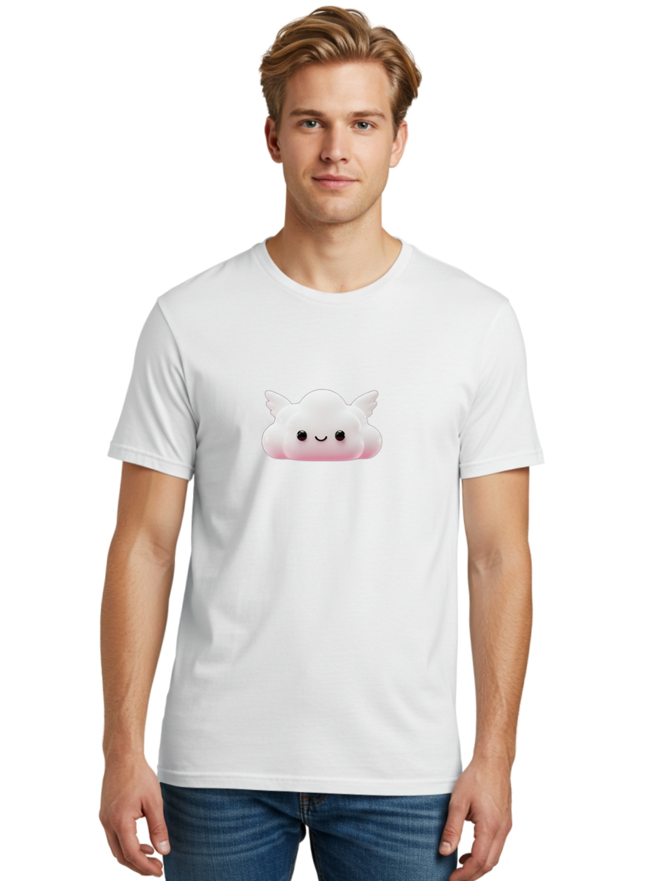 Smiling-Cloud Men'S Graphic Tee, 100% Cotton, Comfortable Casual Summer Wear, Machine Washable, Cartoon Cloud, Cute Character, Smiling Face, Winged Creature, Fluffy Texture, Soft Pink Hue, Adorable Design, Digital Illustration, Kawaii Art Bae765 30