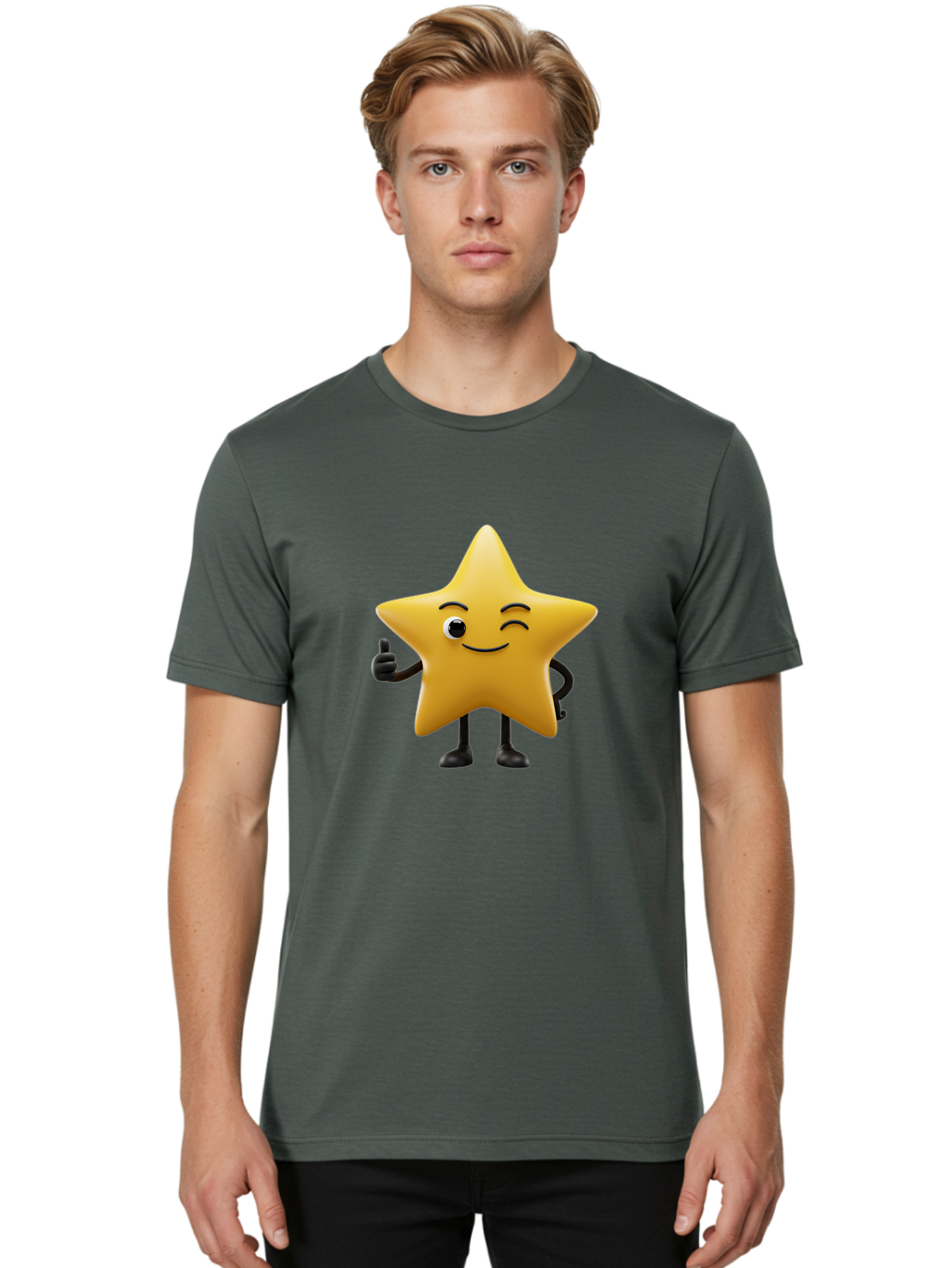 Smiling-Star-3 Men'S Graphic Tee, 100% Cotton, Comfortable Casual Summer Wear, Machine Washable, Happy Star, Cartoon Character, Yellow Star, Thumbs Up, Smiling Face, One Eye, Black Legs, Fun Design, Playful Illustration, Positive Vibes, Bae769 19