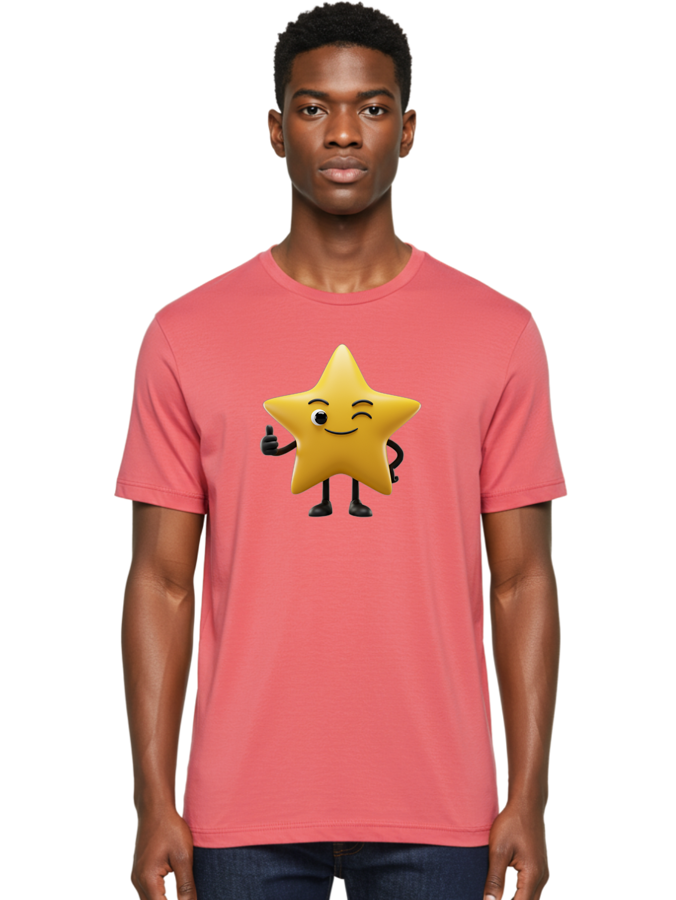 Smiling-Star-3 Men'S Graphic Tee, 100% Cotton, Comfortable Casual Summer Wear, Machine Washable, Happy Star, Cartoon Character, Yellow Star, Thumbs Up, Smiling Face, One Eye, Black Legs, Fun Design, Playful Illustration, Positive Vibes, Bae769 23