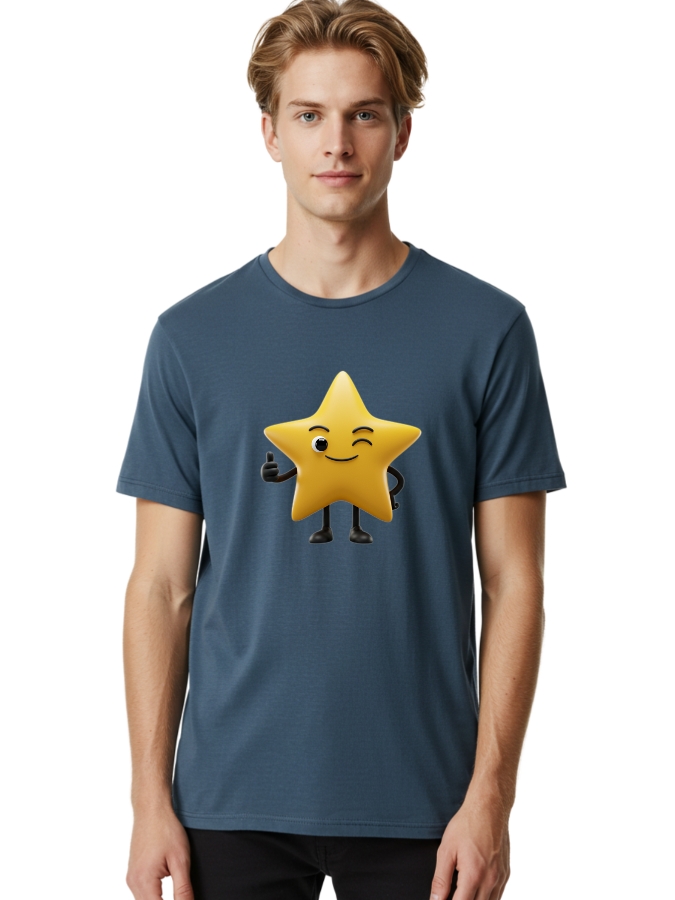 Smiling-Star-3 Men'S Graphic Tee, 100% Cotton, Comfortable Casual Summer Wear, Machine Washable, Happy Star, Cartoon Character, Yellow Star, Thumbs Up, Smiling Face, One Eye, Black Legs, Fun Design, Playful Illustration, Positive Vibes, Bae769 26