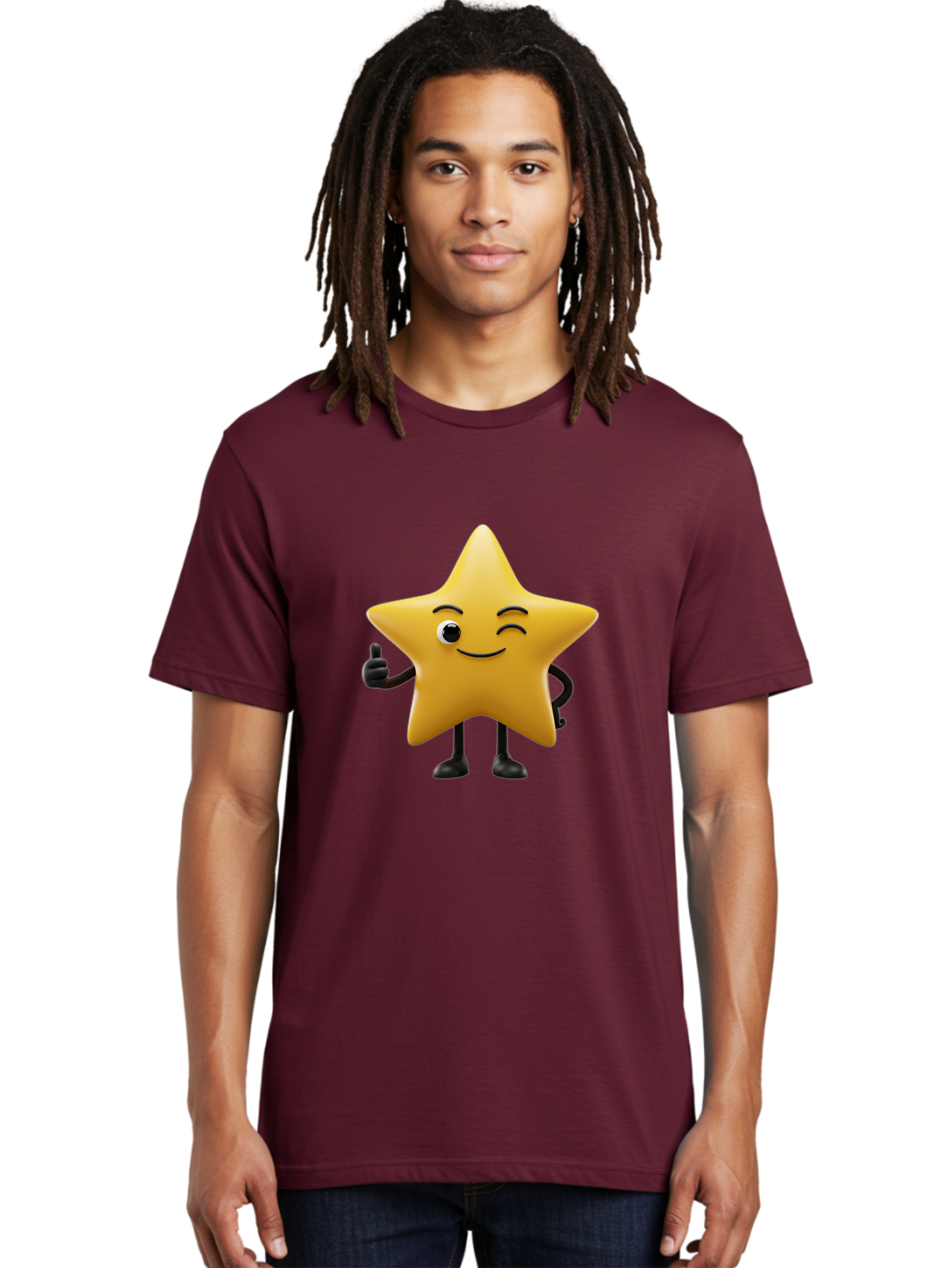 Smiling-Star-3 Men'S Graphic Tee, 100% Cotton, Comfortable Casual Summer Wear, Machine Washable, Happy Star, Cartoon Character, Yellow Star, Thumbs Up, Smiling Face, One Eye, Black Legs, Fun Design, Playful Illustration, Positive Vibes, Bae769 21