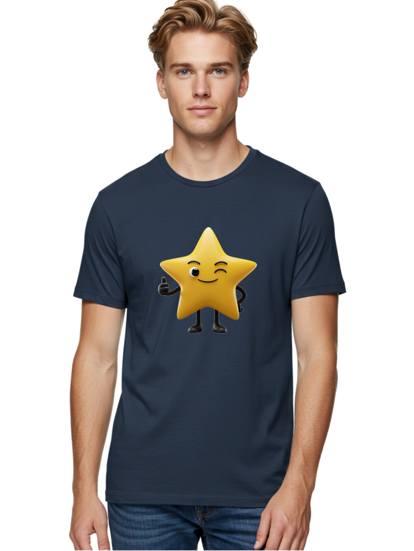 Smiling-Star-3 Men'S Graphic Tee, 100% Cotton, Comfortable Casual Summer Wear, Machine Washable, Happy Star, Cartoon Character, Yellow Star, Thumbs Up, Smiling Face, One Eye, Black Legs, Fun Design, Playful Illustration, Positive Vibes, Bae769 20
