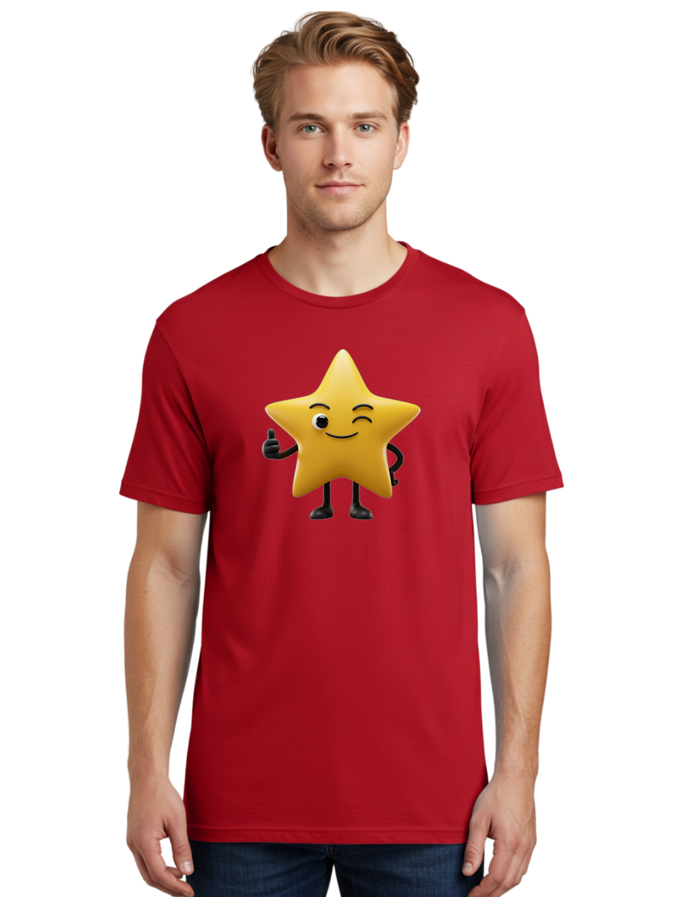Smiling-Star-3 Men'S Graphic Tee, 100% Cotton, Comfortable Casual Summer Wear, Machine Washable, Happy Star, Cartoon Character, Yellow Star, Thumbs Up, Smiling Face, One Eye, Black Legs, Fun Design, Playful Illustration, Positive Vibes, Bae769 28