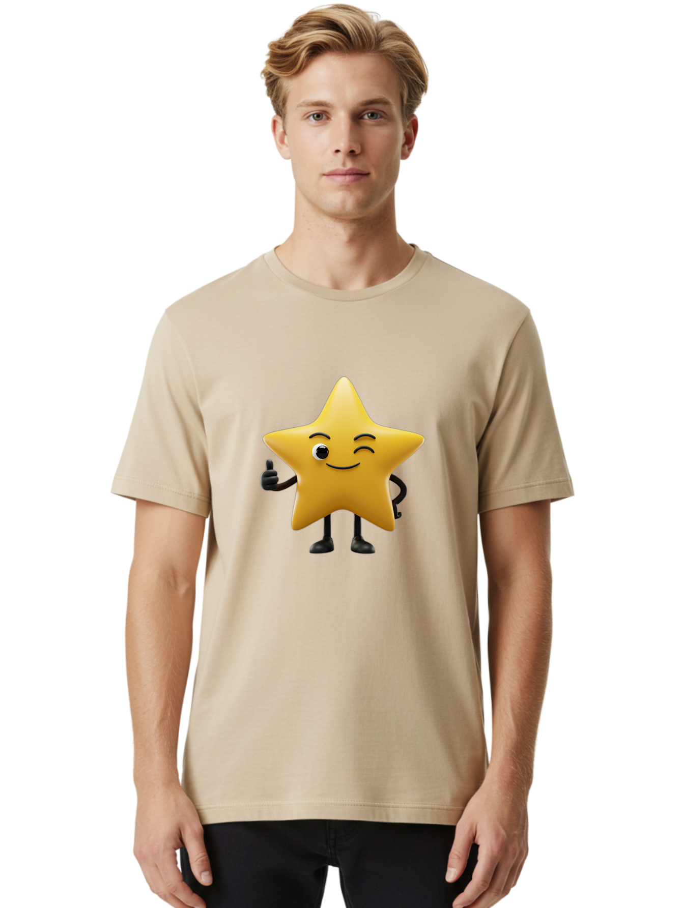 Smiling-Star-3 Men'S Graphic Tee, 100% Cotton, Comfortable Casual Summer Wear, Machine Washable, Happy Star, Cartoon Character, Yellow Star, Thumbs Up, Smiling Face, One Eye, Black Legs, Fun Design, Playful Illustration, Positive Vibes, Bae769 25
