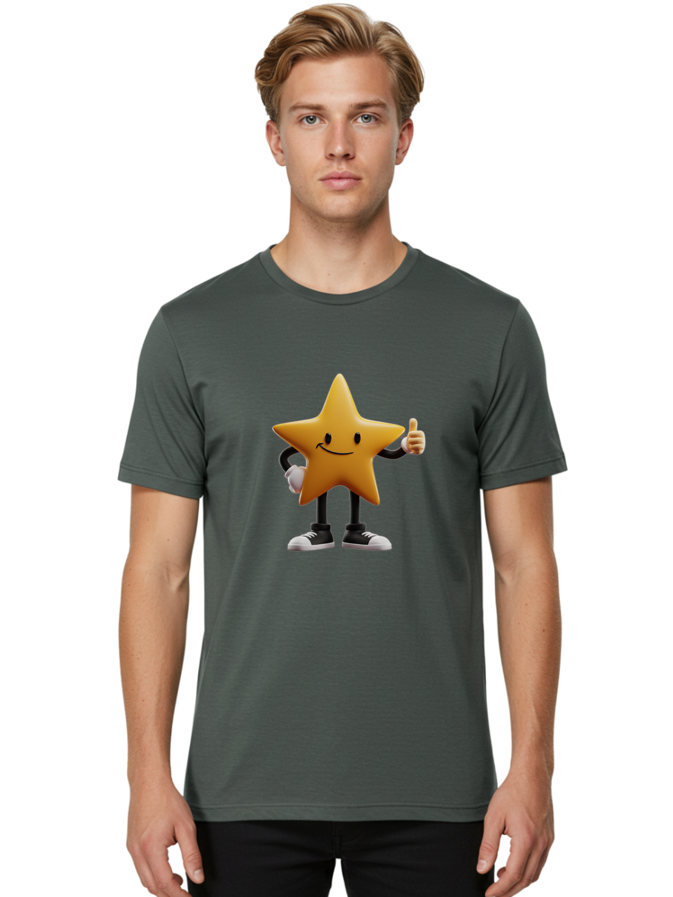 Smiling-Star-4 Men'S Graphic Tee, 100% Cotton, Comfortable Casual Summer Wear, Machine Washable, Smiling Star Character, Thumbs Up Approval, Happy Expression, Cartoon Style, Yellow Star, Black Legs, White Gloves, Black And White Shoes, Bae770 26