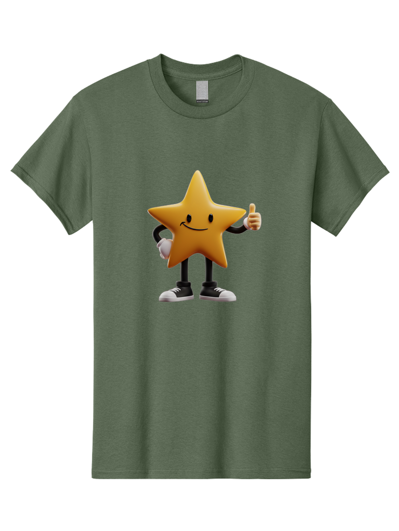 Smiling-Star-4 Men'S Graphic Tee, 100% Cotton, Comfortable Casual Summer Wear, Machine Washable, Smiling Star Character, Thumbs Up Approval, Happy Expression, Cartoon Style, Yellow Star, Black Legs, White Gloves, Black And White Shoes, Bae770 13