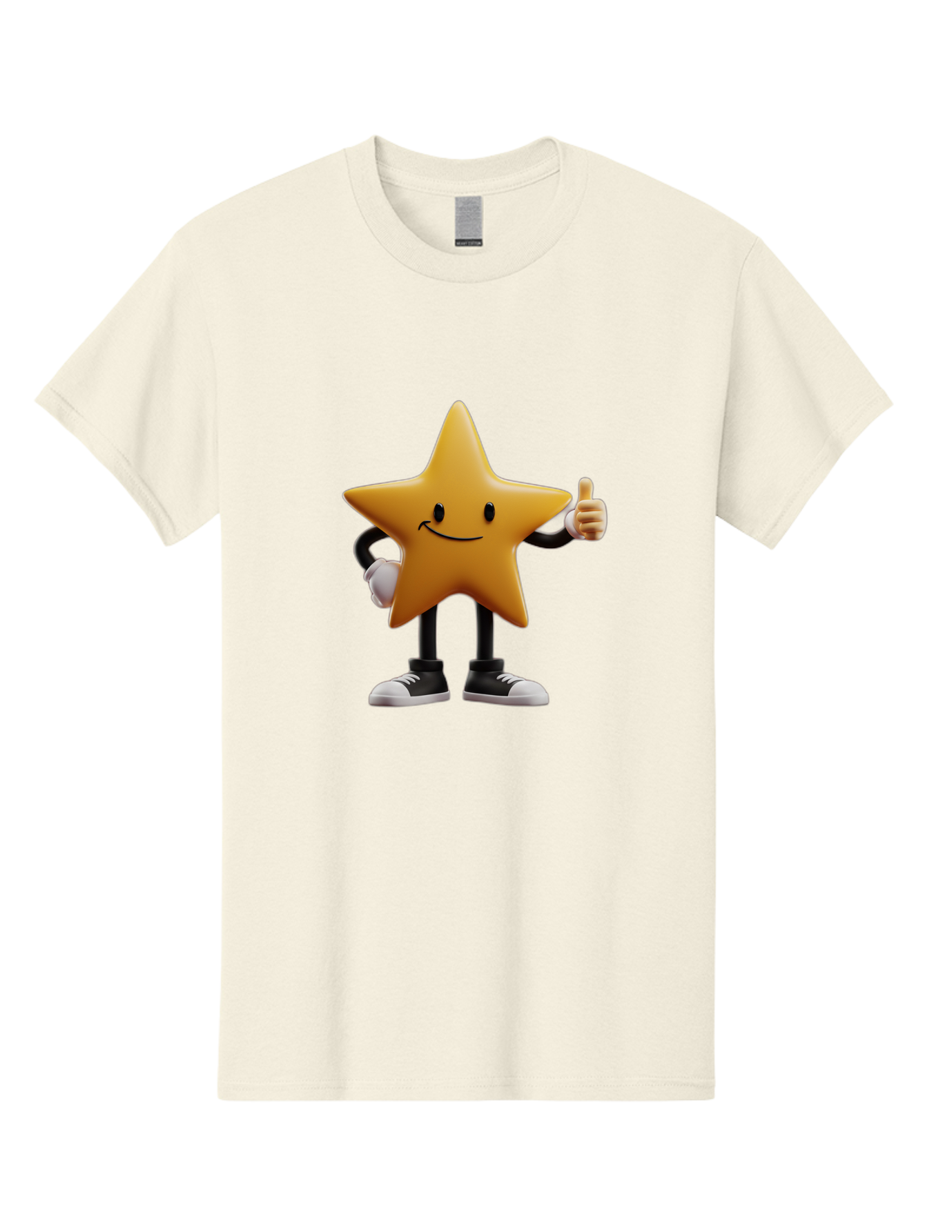 Smiling-Star-4 Men'S Graphic Tee, 100% Cotton, Comfortable Casual Summer Wear, Machine Washable, Smiling Star Character, Thumbs Up Approval, Happy Expression, Cartoon Style, Yellow Star, Black Legs, White Gloves, Black And White Shoes, Bae770 3