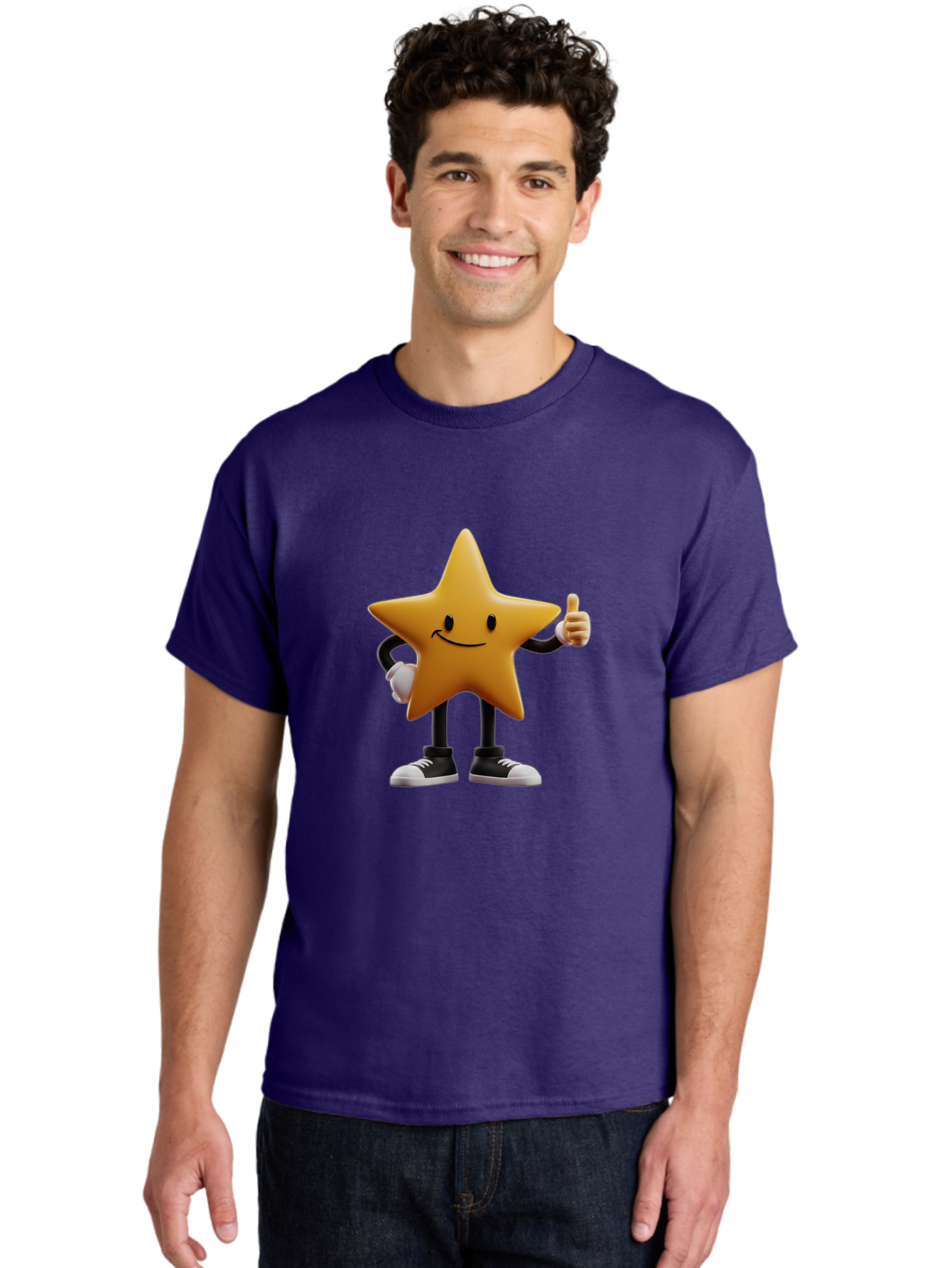 Smiling-Star-4 Men'S Graphic Tee, 100% Cotton, Comfortable Casual Summer Wear, Machine Washable, Smiling Star Character, Thumbs Up Approval, Happy Expression, Cartoon Style, Yellow Star, Black Legs, White Gloves, Black And White Shoes, Bae770 21