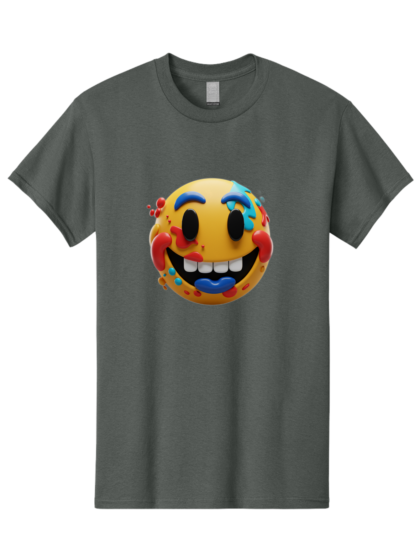 Splattered-Emoji Men'S Graphic Tee, 100% Cotton, Comfortable Casual Summer Wear, Machine Washable, 3D Smiley Face, Cartoon Character, Happy Expression, Vibrant Colors, Paint Splatters, Funny Emoji, Playful Design, Yellow Face, Blue Eyebrows, Bae775 4