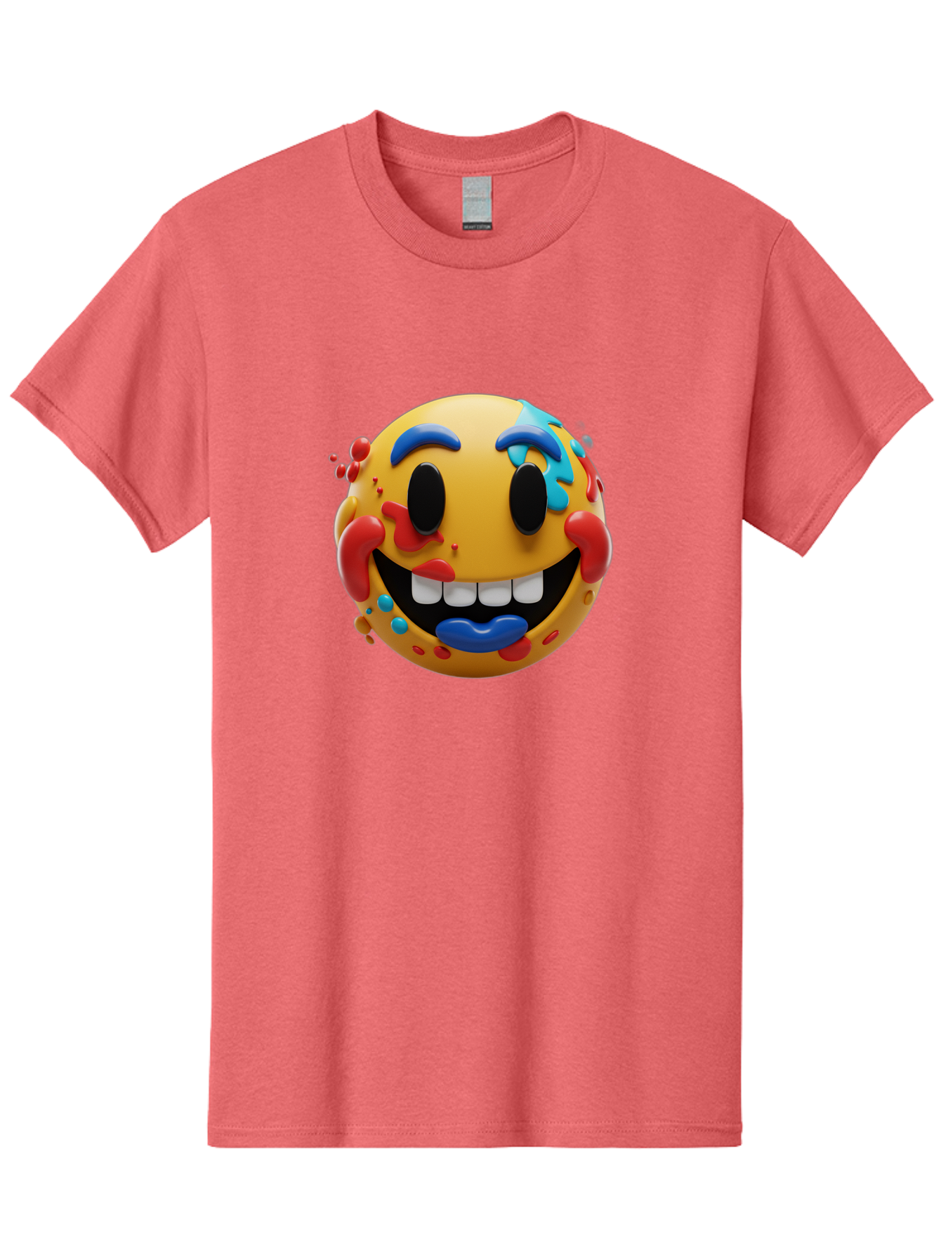 Splattered-Emoji Men'S Graphic Tee, 100% Cotton, Comfortable Casual Summer Wear, Machine Washable, 3D Smiley Face, Cartoon Character, Happy Expression, Vibrant Colors, Paint Splatters, Funny Emoji, Playful Design, Yellow Face, Blue Eyebrows, Bae775 14