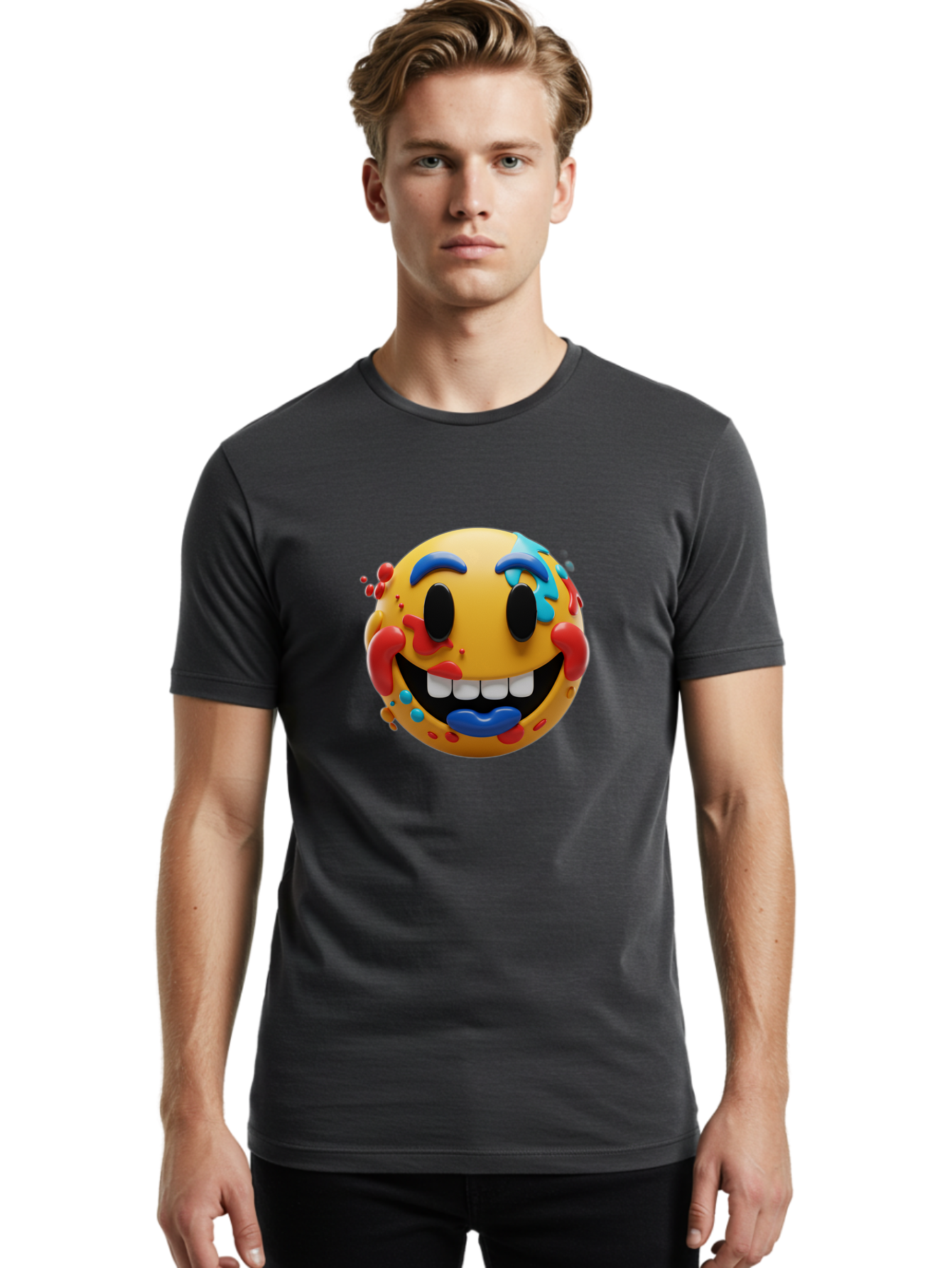 Splattered-Emoji Men'S Graphic Tee, 100% Cotton, Comfortable Casual Summer Wear, Machine Washable, 3D Smiley Face, Cartoon Character, Happy Expression, Vibrant Colors, Paint Splatters, Funny Emoji, Playful Design, Yellow Face, Blue Eyebrows, Bae775 28