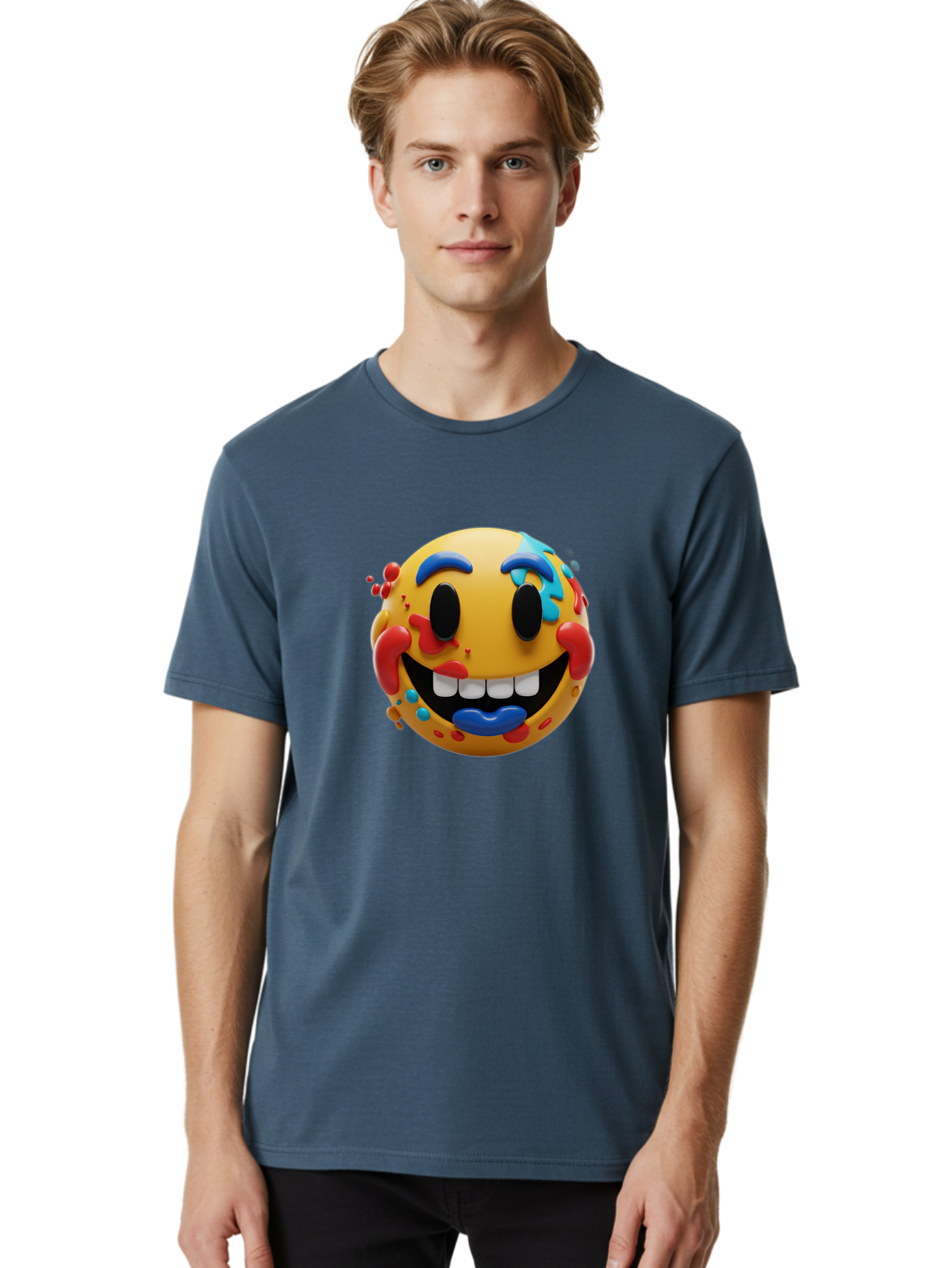Splattered-Emoji Men'S Graphic Tee, 100% Cotton, Comfortable Casual Summer Wear, Machine Washable, 3D Smiley Face, Cartoon Character, Happy Expression, Vibrant Colors, Paint Splatters, Funny Emoji, Playful Design, Yellow Face, Blue Eyebrows, Bae775 30