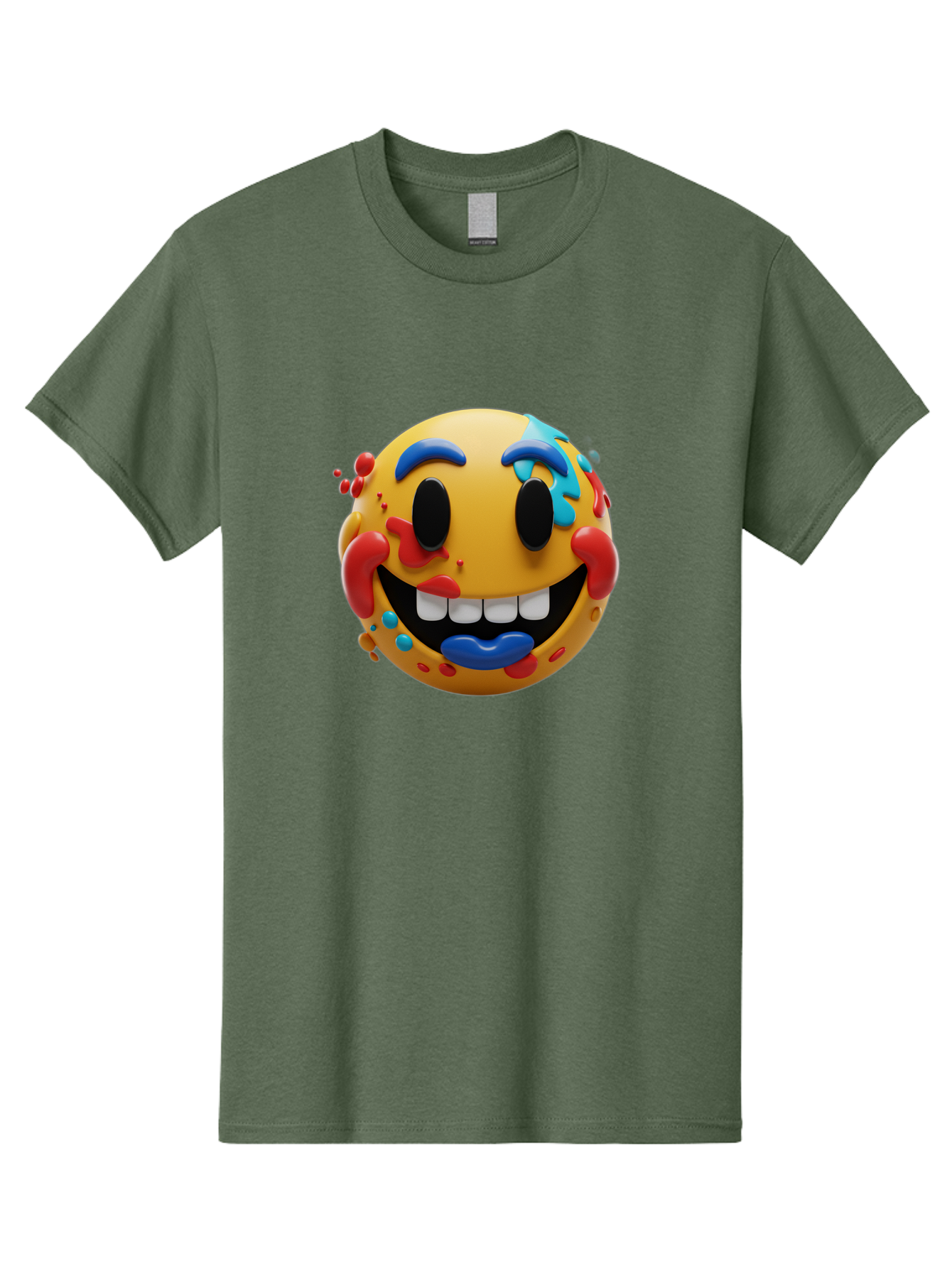 Splattered-Emoji Men'S Graphic Tee, 100% Cotton, Comfortable Casual Summer Wear, Machine Washable, 3D Smiley Face, Cartoon Character, Happy Expression, Vibrant Colors, Paint Splatters, Funny Emoji, Playful Design, Yellow Face, Blue Eyebrows, Bae775 2