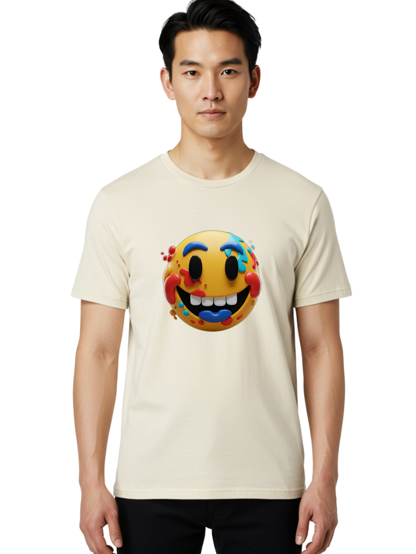 Splattered-Emoji Men'S Graphic Tee, 100% Cotton, Comfortable Casual Summer Wear, Machine Washable, 3D Smiley Face, Cartoon Character, Happy Expression, Vibrant Colors, Paint Splatters, Funny Emoji, Playful Design, Yellow Face, Blue Eyebrows, Bae775 16