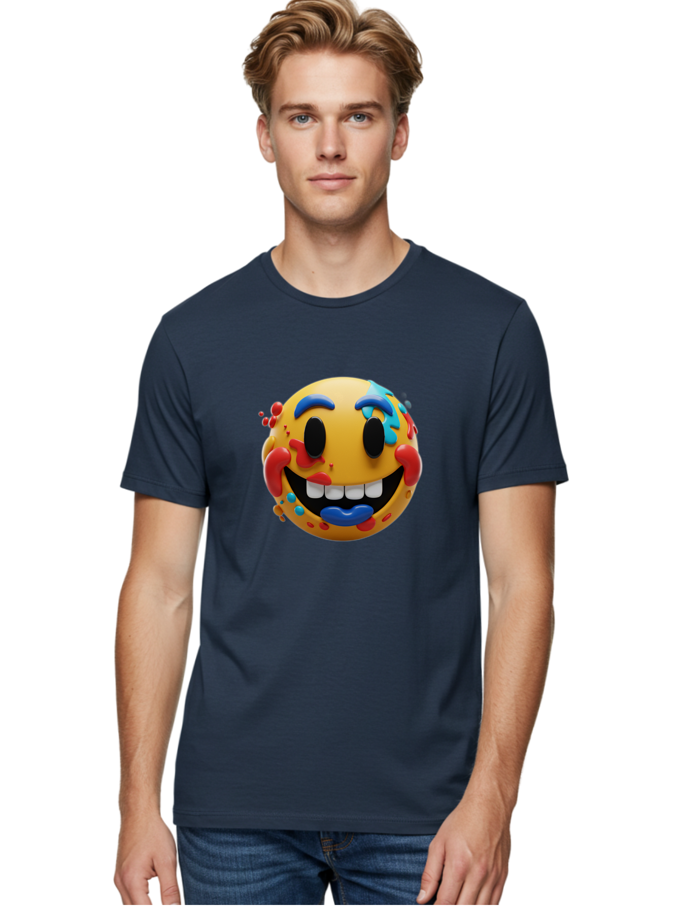 Splattered-Emoji Men'S Graphic Tee, 100% Cotton, Comfortable Casual Summer Wear, Machine Washable, 3D Smiley Face, Cartoon Character, Happy Expression, Vibrant Colors, Paint Splatters, Funny Emoji, Playful Design, Yellow Face, Blue Eyebrows, Bae775 23