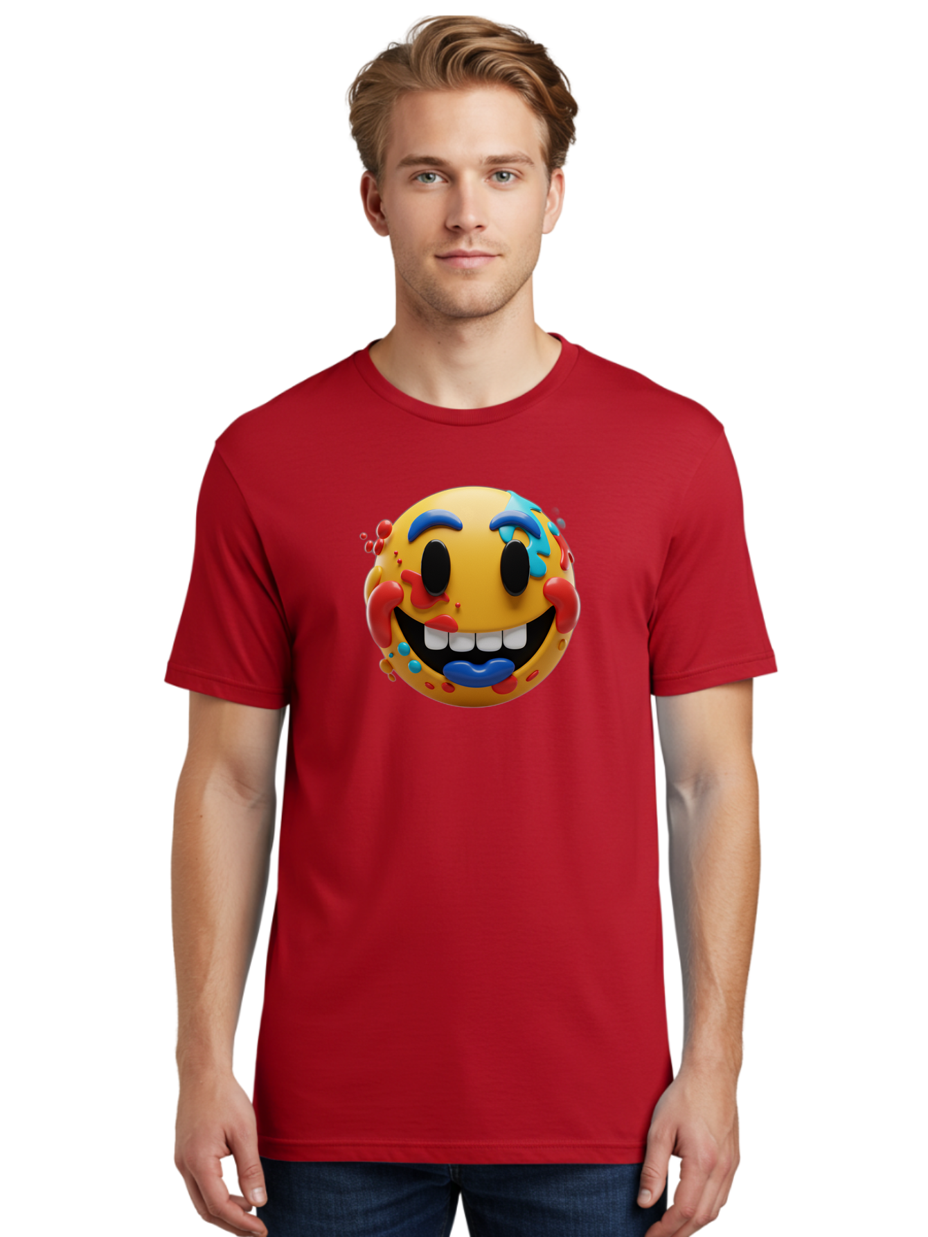 Splattered-Emoji Men'S Graphic Tee, 100% Cotton, Comfortable Casual Summer Wear, Machine Washable, 3D Smiley Face, Cartoon Character, Happy Expression, Vibrant Colors, Paint Splatters, Funny Emoji, Playful Design, Yellow Face, Blue Eyebrows, Bae775 21
