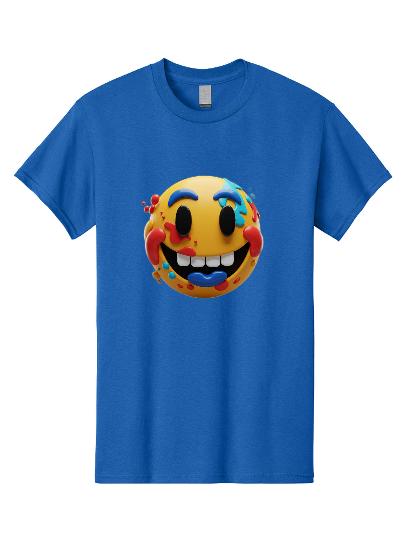 Splattered-Emoji Men'S Graphic Tee, 100% Cotton, Comfortable Casual Summer Wear, Machine Washable, 3D Smiley Face, Cartoon Character, Happy Expression, Vibrant Colors, Paint Splatters, Funny Emoji, Playful Design, Yellow Face, Blue Eyebrows, Bae775 10