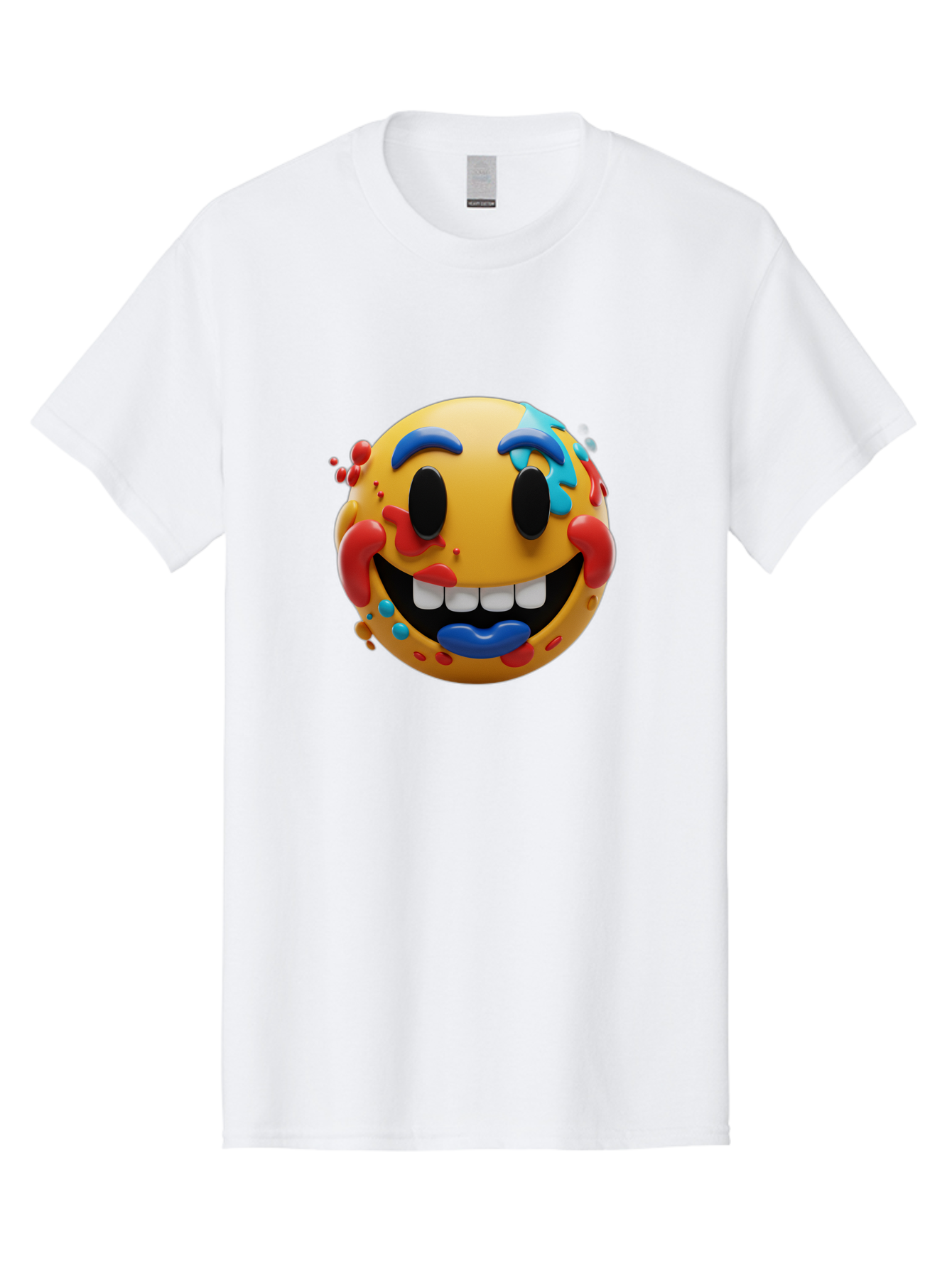 Splattered-Emoji Men'S Graphic Tee, 100% Cotton, Comfortable Casual Summer Wear, Machine Washable, 3D Smiley Face, Cartoon Character, Happy Expression, Vibrant Colors, Paint Splatters, Funny Emoji, Playful Design, Yellow Face, Blue Eyebrows, Bae775 11