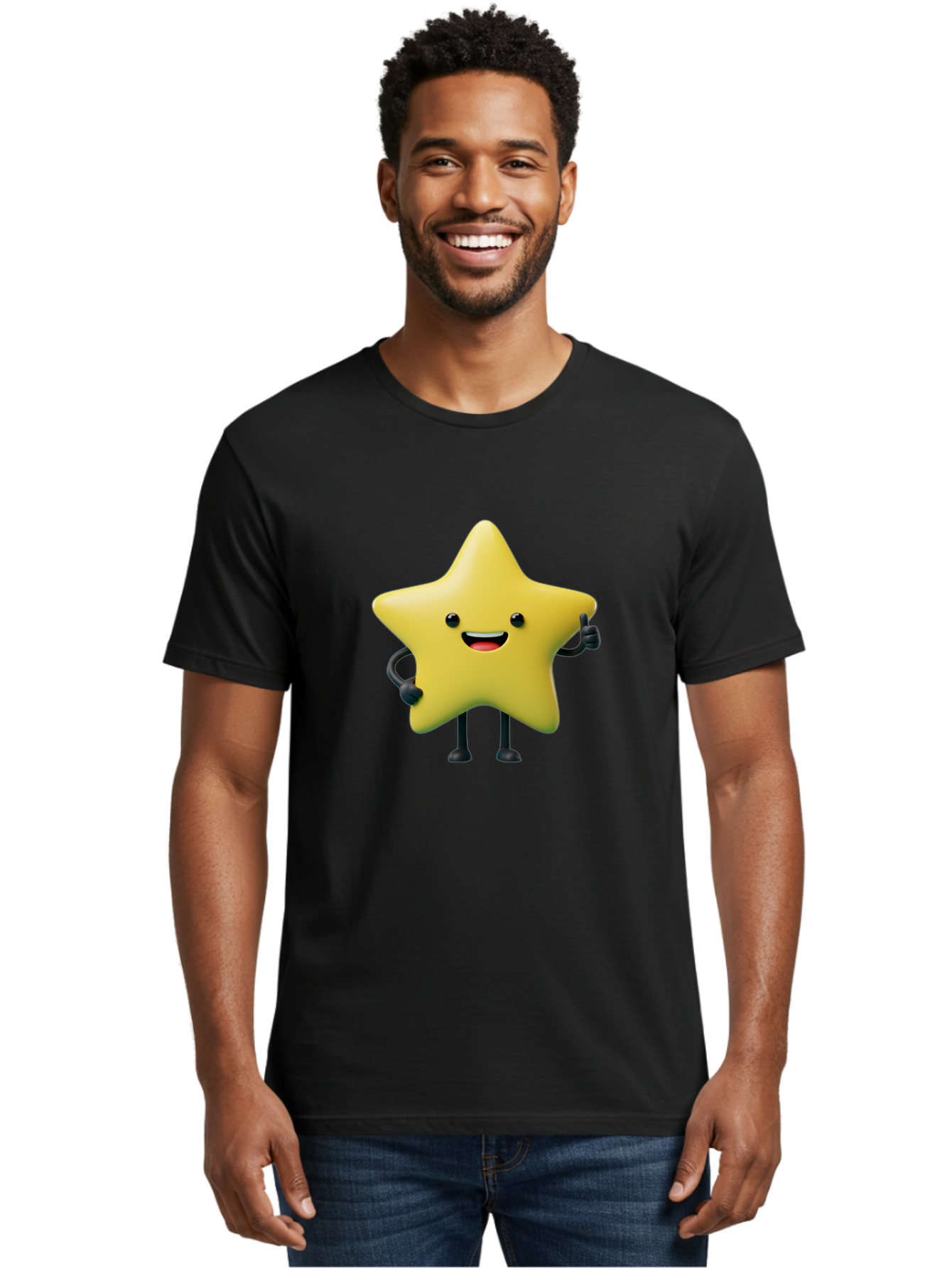 Star-Character-1 Men'S Graphic Tee, 100% Cotton, Comfortable Casual Summer Wear, Machine Washable, Smiling Star Character, Cartoon Star, 3D Illustration, Happy Face, Cute Character Design, Yellow Star, Star With Arms And Legs, Funny Graphics, Bae777 17