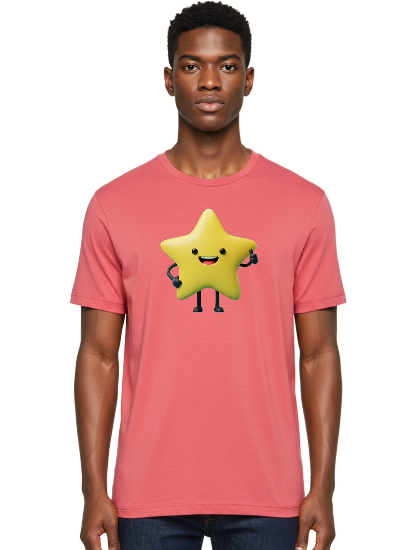 Star-Character-1 Men'S Graphic Tee, 100% Cotton, Comfortable Casual Summer Wear, Machine Washable, Smiling Star Character, Cartoon Star, 3D Illustration, Happy Face, Cute Character Design, Yellow Star, Star With Arms And Legs, Funny Graphics, Bae777 20