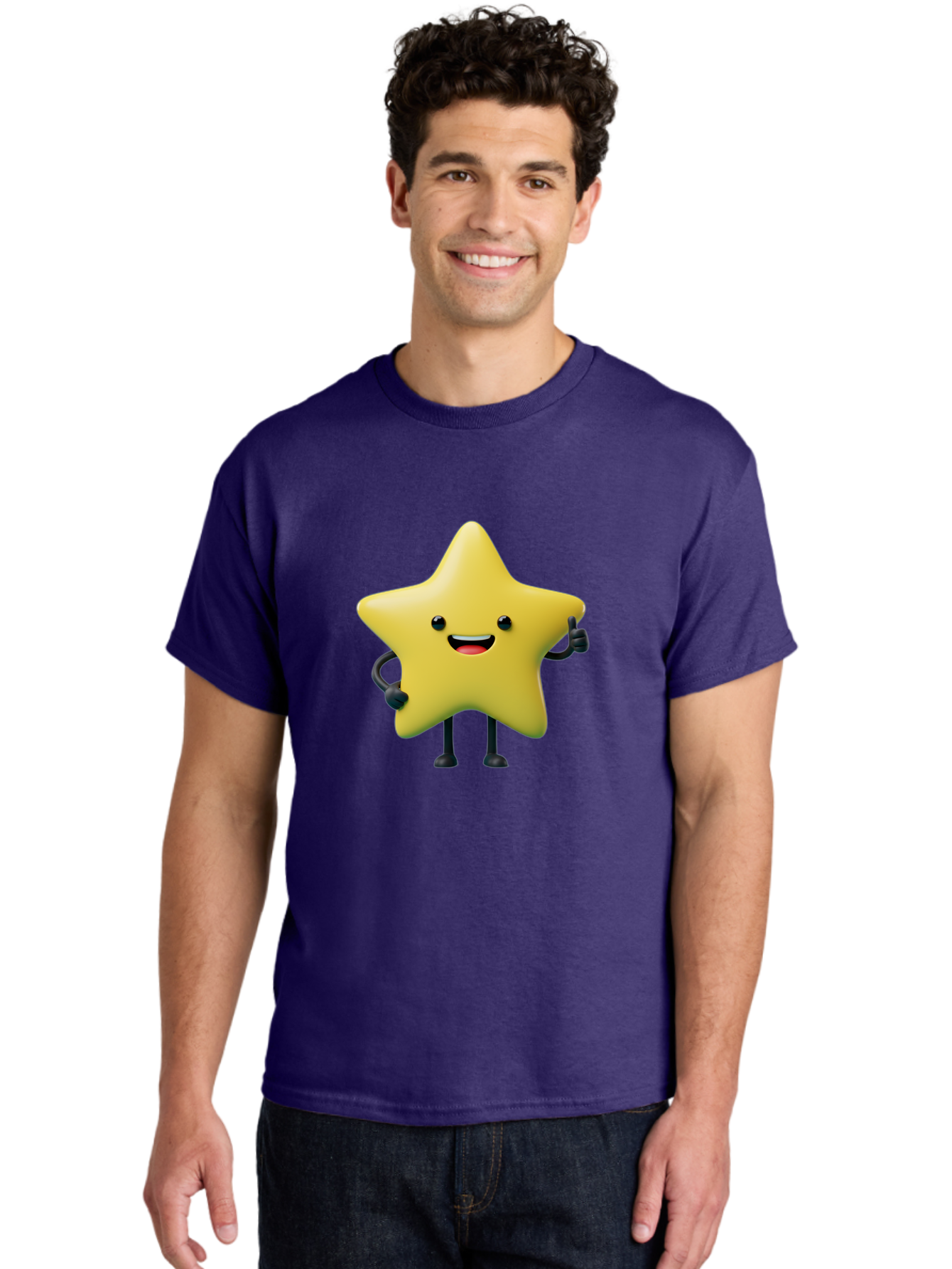 Star-Character-1 Men'S Graphic Tee, 100% Cotton, Comfortable Casual Summer Wear, Machine Washable, Smiling Star Character, Cartoon Star, 3D Illustration, Happy Face, Cute Character Design, Yellow Star, Star With Arms And Legs, Funny Graphics, Bae777 19