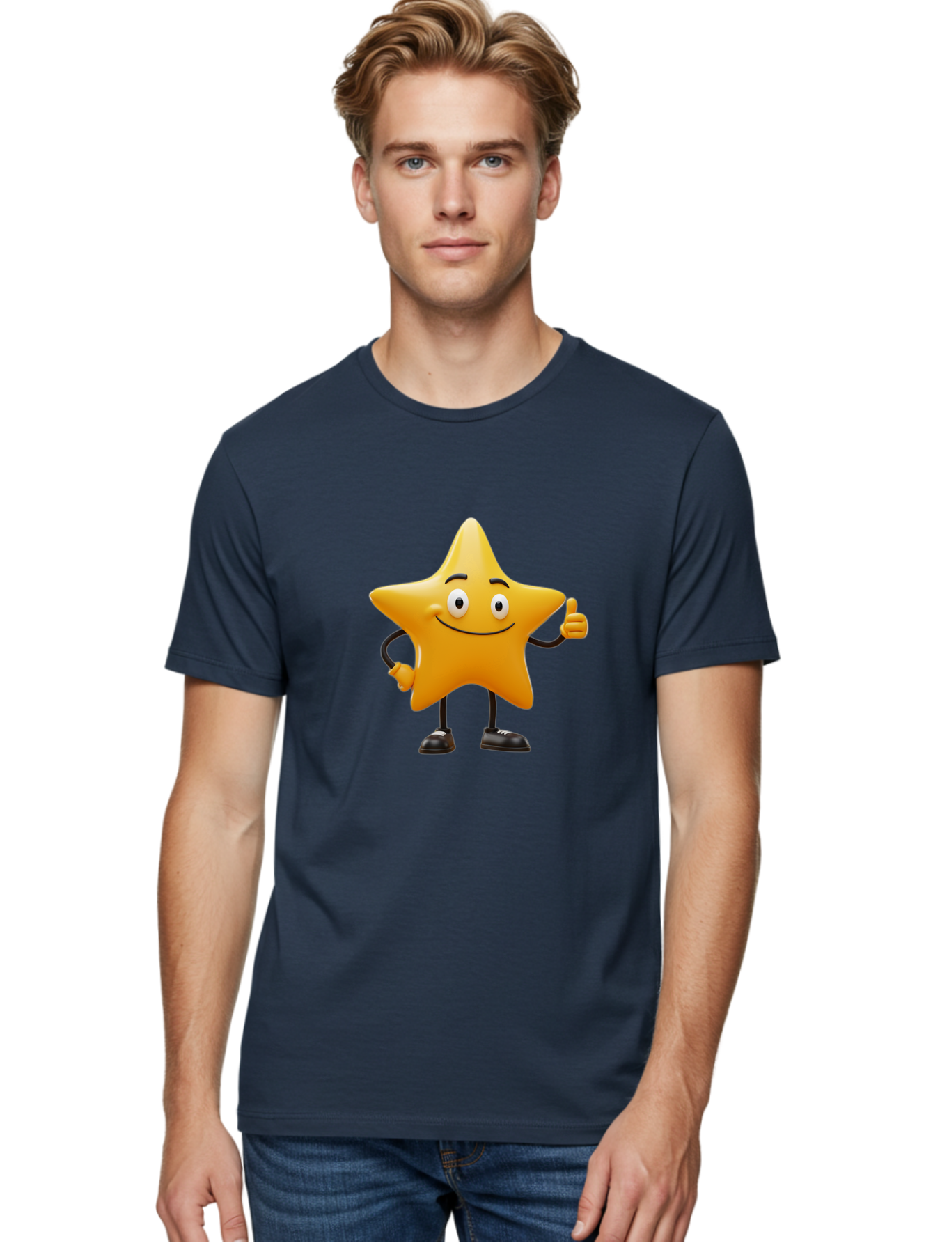 Star-Character-4 Men'S Graphic Tee, 100% Cotton, Comfortable Casual Summer Wear, Machine Washable, Smiling Star Character, Thumbs Up Gesture, Cartoon Style, Yellow Star, Funny Face, Animated Illustration, Friendly Demeanor, Positive Vibes, Bae780 26