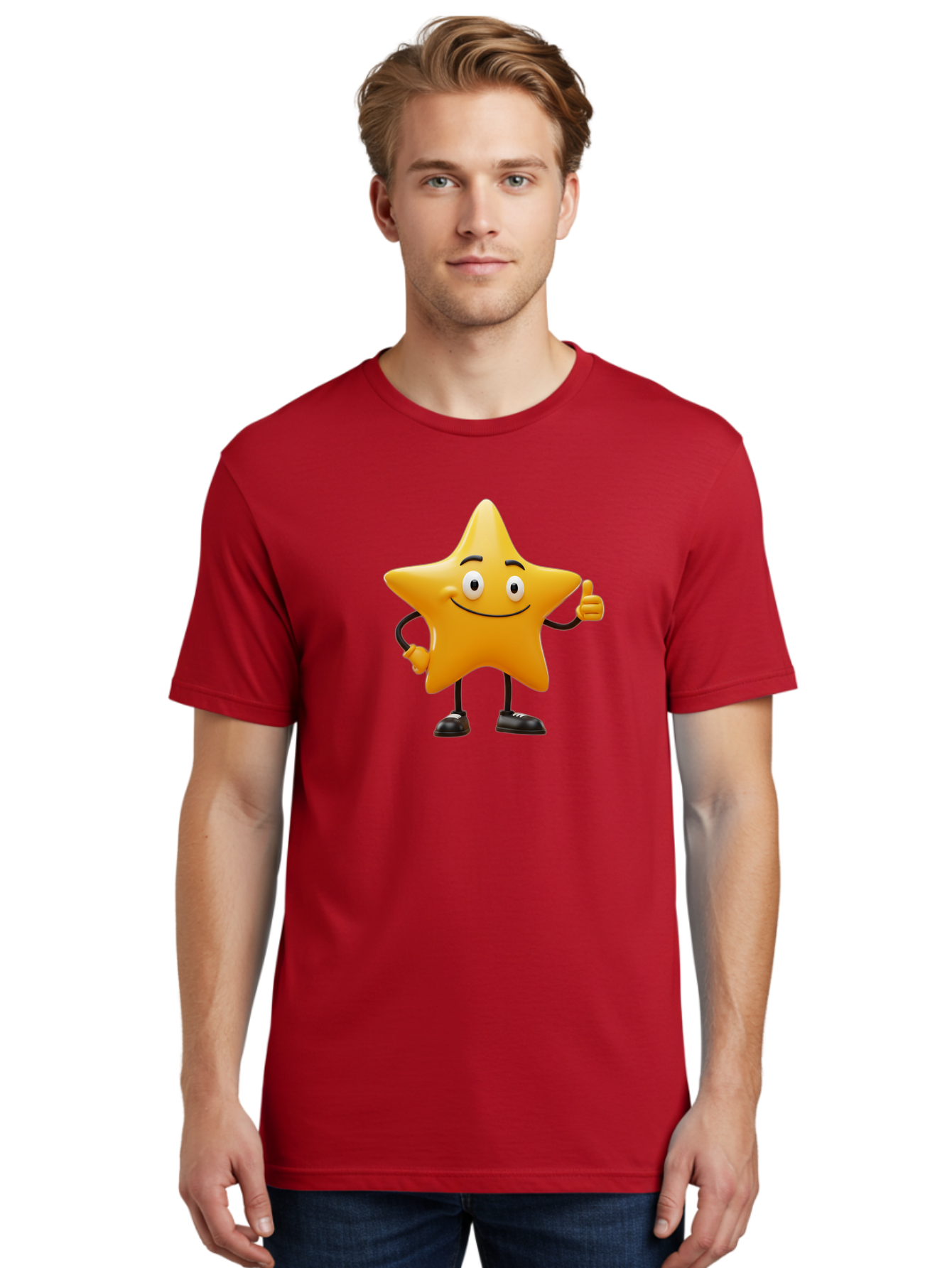 Star-Character-4 Men'S Graphic Tee, 100% Cotton, Comfortable Casual Summer Wear, Machine Washable, Smiling Star Character, Thumbs Up Gesture, Cartoon Style, Yellow Star, Funny Face, Animated Illustration, Friendly Demeanor, Positive Vibes, Bae780 25