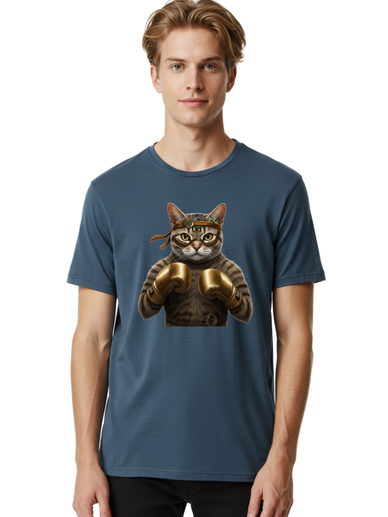 Steampunk-Cat-Boxer Men'S Graphic Tee, 100% Cotton, Comfortable Casual Summer Wear, Machine Washable, Steampunk Cat, Boxing Gloves, Steampunk Accessories, Fantasy Feline, Mechanical Cat, Cat In Boxing Gloves, Whimsical Illustration, Bae788 26