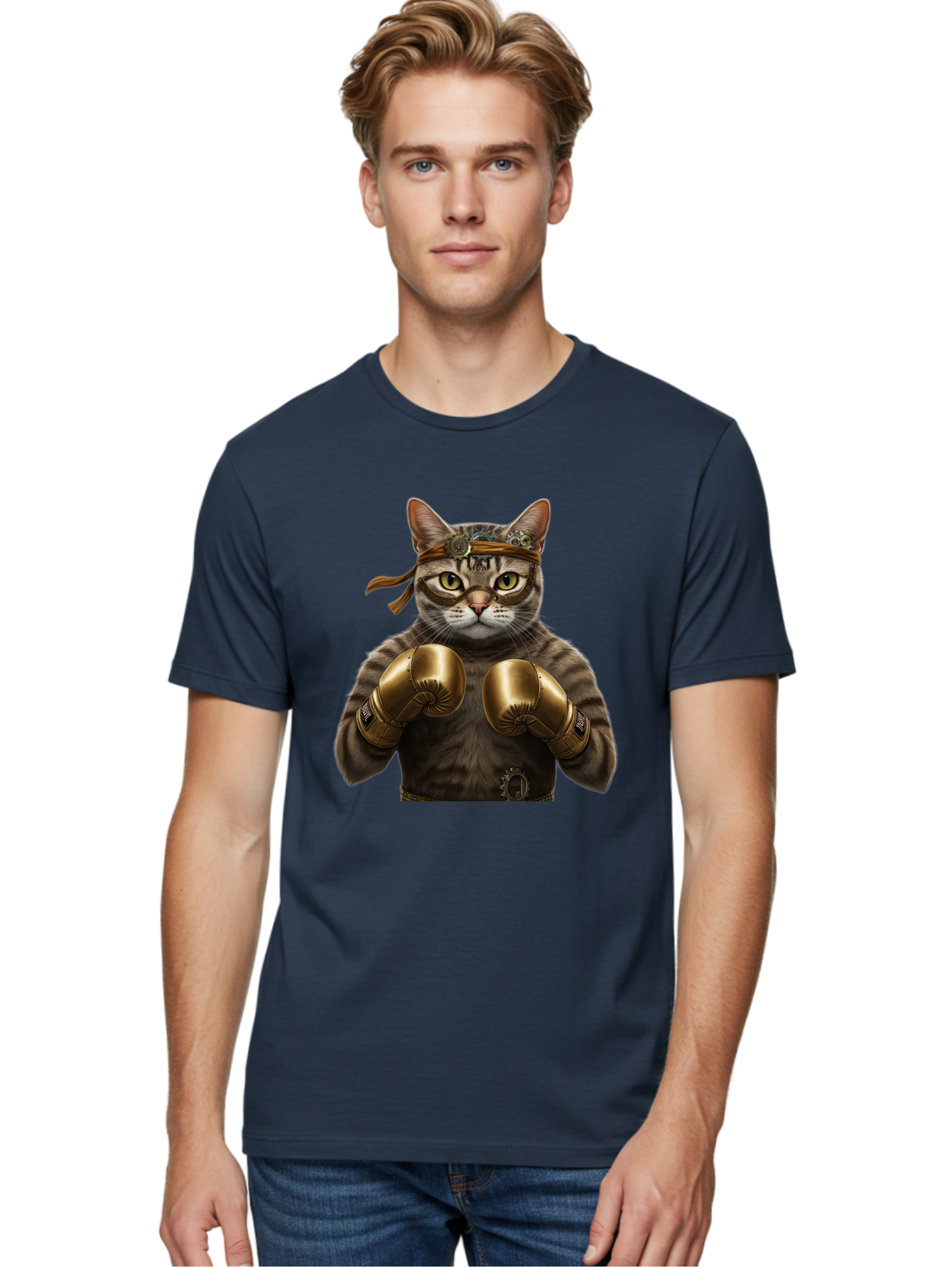 Steampunk-Cat-Boxer Men'S Graphic Tee, 100% Cotton, Comfortable Casual Summer Wear, Machine Washable, Steampunk Cat, Boxing Gloves, Steampunk Accessories, Fantasy Feline, Mechanical Cat, Cat In Boxing Gloves, Whimsical Illustration, Bae788 27