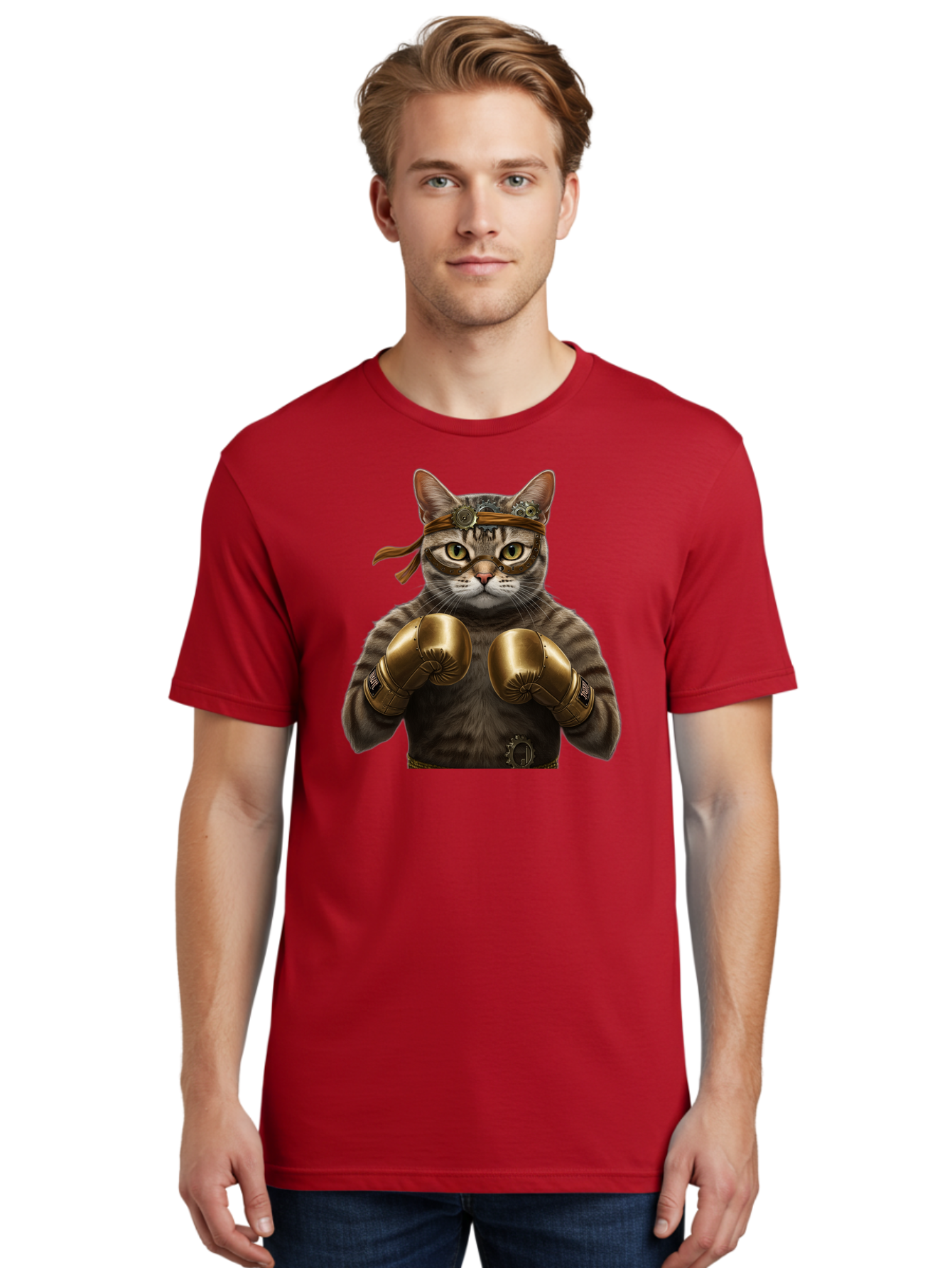 Steampunk-Cat-Boxer Men'S Graphic Tee, 100% Cotton, Comfortable Casual Summer Wear, Machine Washable, Steampunk Cat, Boxing Gloves, Steampunk Accessories, Fantasy Feline, Mechanical Cat, Cat In Boxing Gloves, Whimsical Illustration, Bae788 30