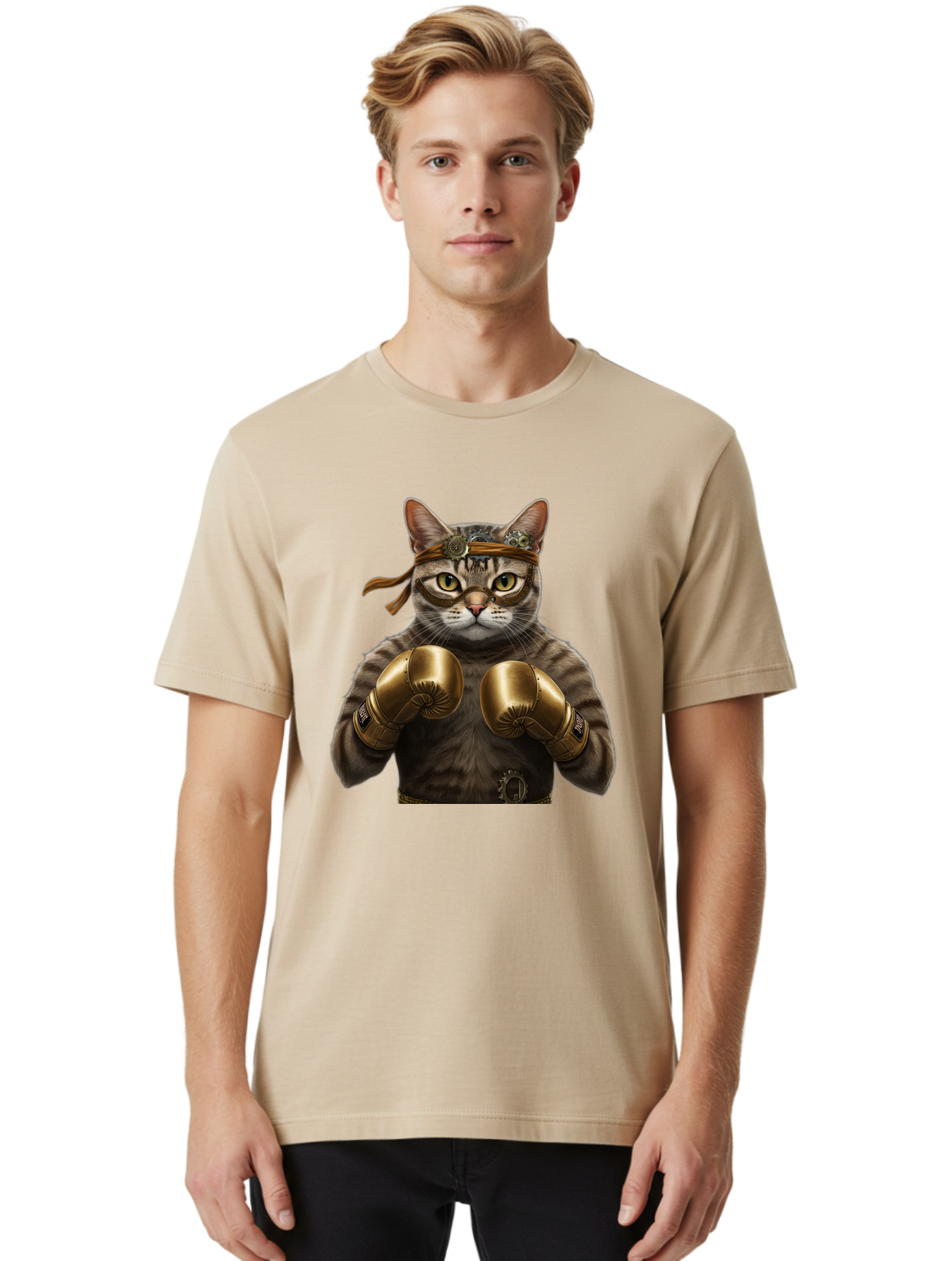 Steampunk-Cat-Boxer Men'S Graphic Tee, 100% Cotton, Comfortable Casual Summer Wear, Machine Washable, Steampunk Cat, Boxing Gloves, Steampunk Accessories, Fantasy Feline, Mechanical Cat, Cat In Boxing Gloves, Whimsical Illustration, Bae788 16