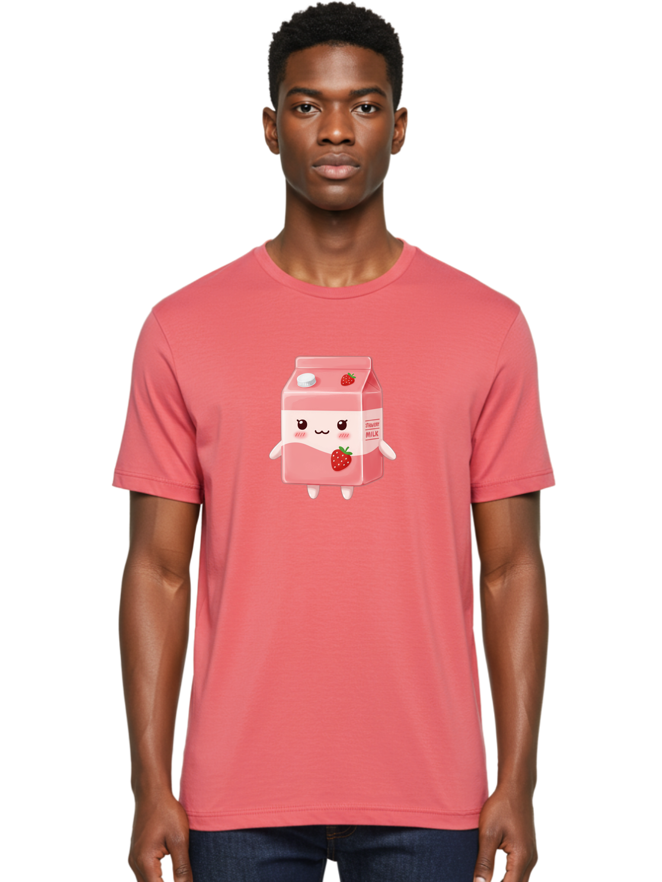 Strawberry-Milk Men'S Graphic Tee, 100% Cotton, Comfortable Casual Summer Wear, Machine Washable, Strawberry Milk, Cartoon Character, Cute Illustration, Strawberry Flavor, Pink Milk, Kawaii Design, Animated Beverage, Strawberry Theme, Bae790 17