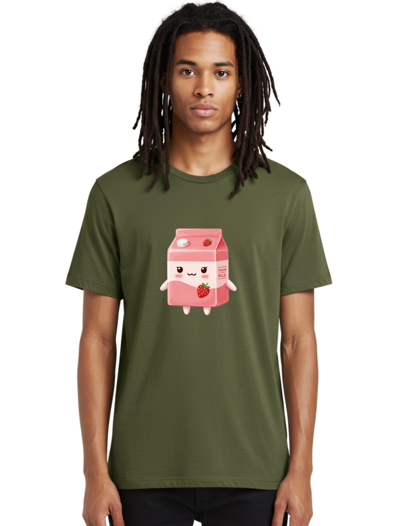 Strawberry-Milk Men'S Graphic Tee, 100% Cotton, Comfortable Casual Summer Wear, Machine Washable, Strawberry Milk, Cartoon Character, Cute Illustration, Strawberry Flavor, Pink Milk, Kawaii Design, Animated Beverage, Strawberry Theme, Bae790 24
