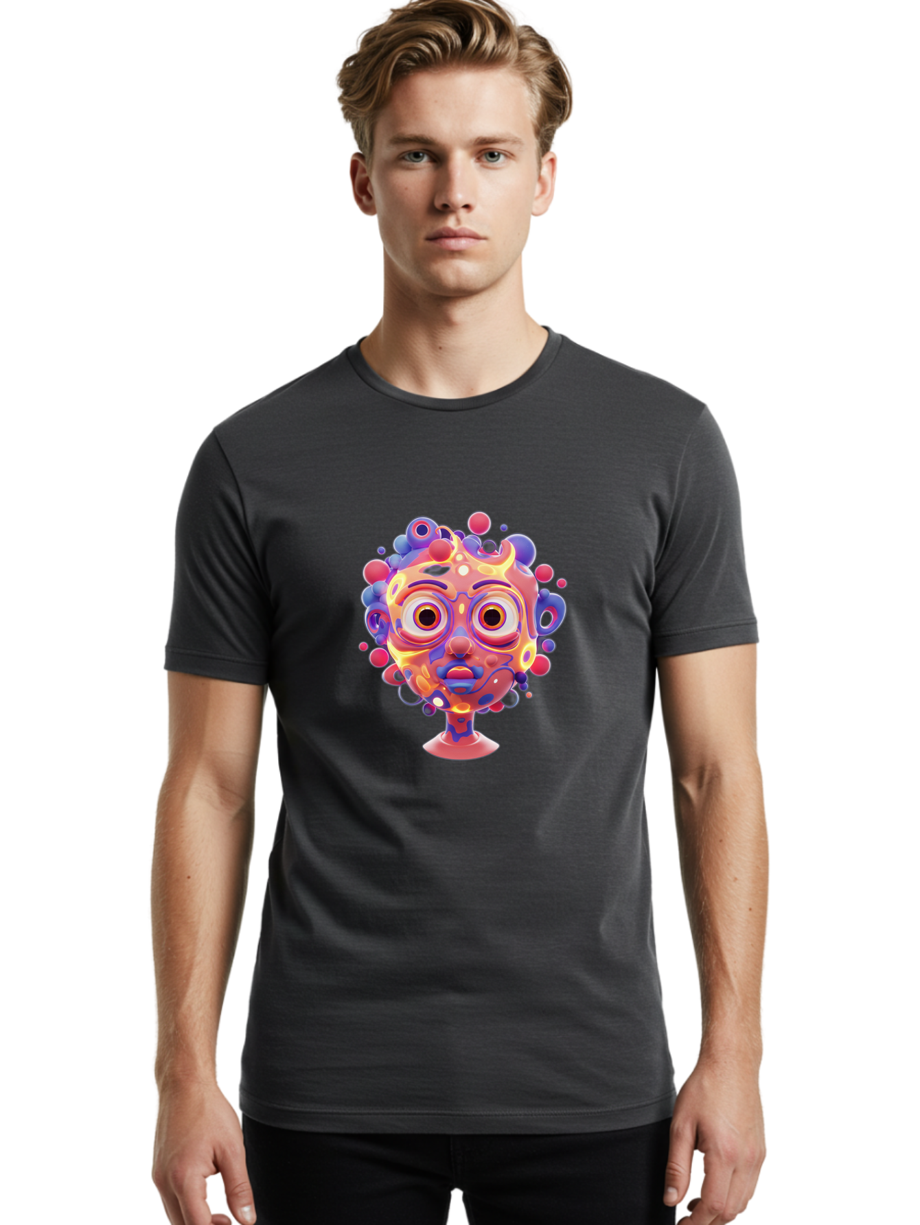 Surreal-Face Men'S Graphic Tee, 100% Cotton, Comfortable Casual Summer Wear, Machine Washable, Surreal Art, Abstract Face, Vibrant Colors, Dreamlike Atmosphere, Psychedelic Design, Futuristic Character, Colorful Eyes Bae792 29