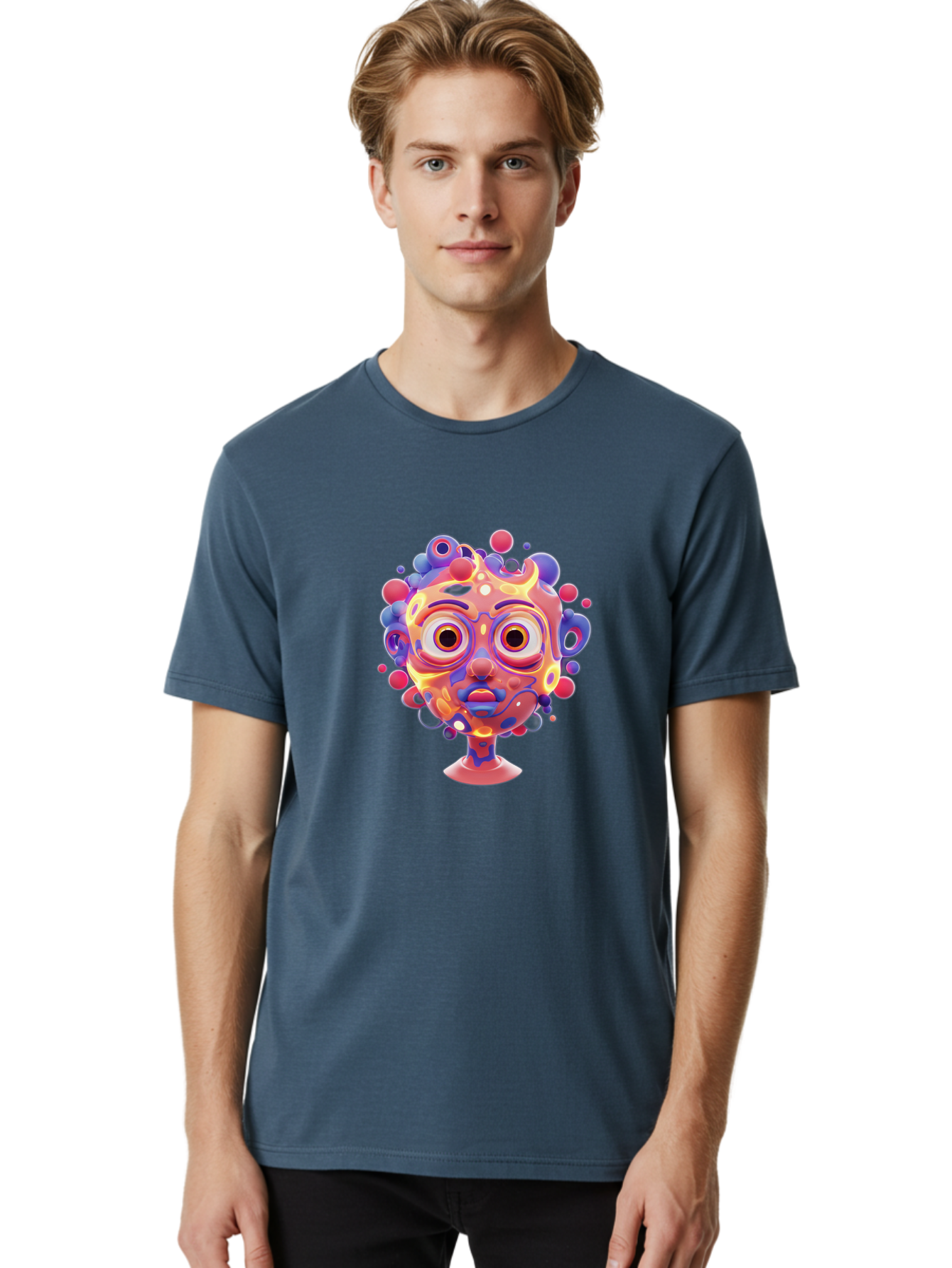 Surreal-Face Men'S Graphic Tee, 100% Cotton, Comfortable Casual Summer Wear, Machine Washable, Surreal Art, Abstract Face, Vibrant Colors, Dreamlike Atmosphere, Psychedelic Design, Futuristic Character, Colorful Eyes Bae792 26
