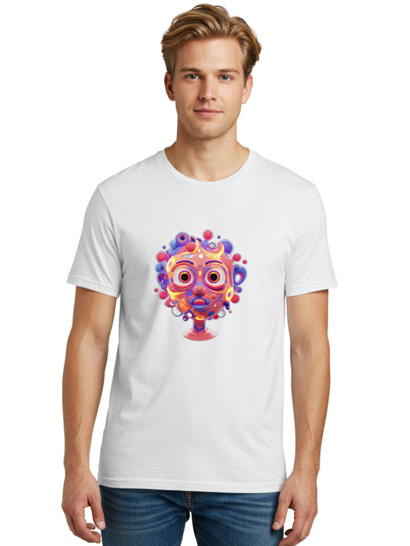 Surreal-Face Men'S Graphic Tee, 100% Cotton, Comfortable Casual Summer Wear, Machine Washable, Surreal Art, Abstract Face, Vibrant Colors, Dreamlike Atmosphere, Psychedelic Design, Futuristic Character, Colorful Eyes Bae792 25