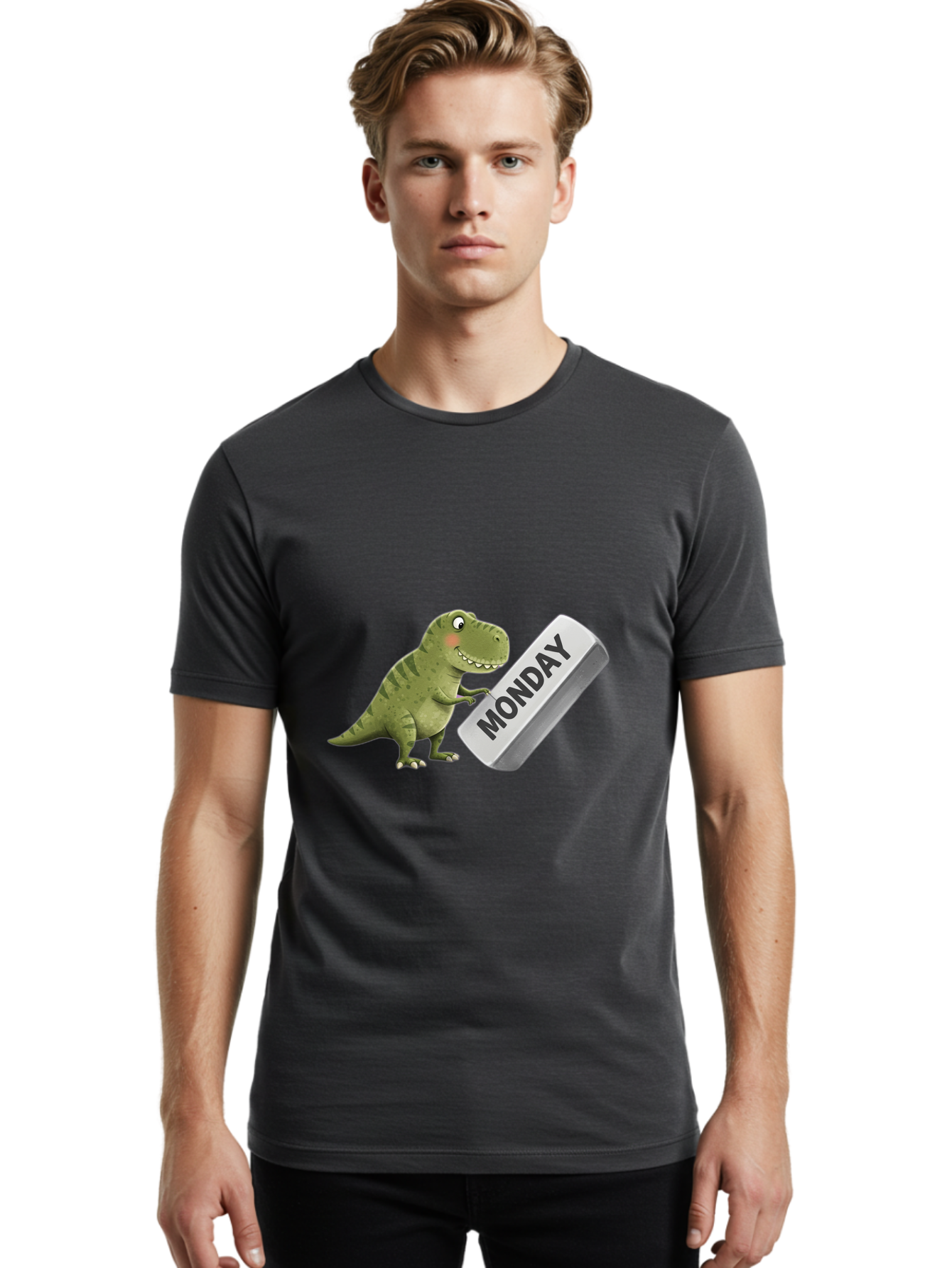 T-Rex-Monday Men'S Graphic Tee, 100% Cotton, Comfortable Casual Summer Wear, Machine Washable, Cartoon Dinosaur Holding 'Monday' Sign, Funny Prehistoric Creature, Humorous Illustration, Monday Motivation, Dino Humor, T-Rex Character Bae794 28