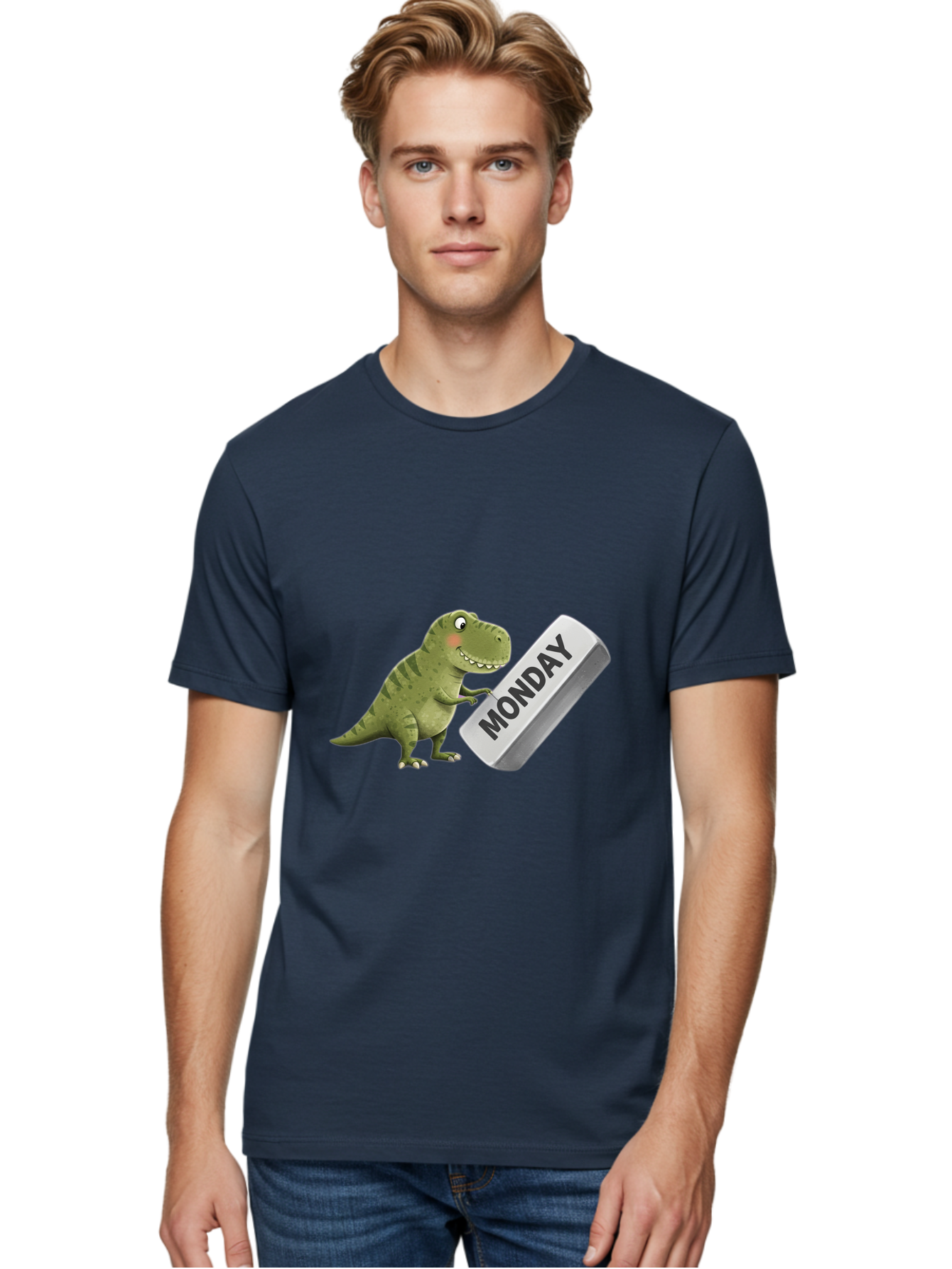 T-Rex-Monday Men'S Graphic Tee, 100% Cotton, Comfortable Casual Summer Wear, Machine Washable, Cartoon Dinosaur Holding 'Monday' Sign, Funny Prehistoric Creature, Humorous Illustration, Monday Motivation, Dino Humor, T-Rex Character Bae794 25
