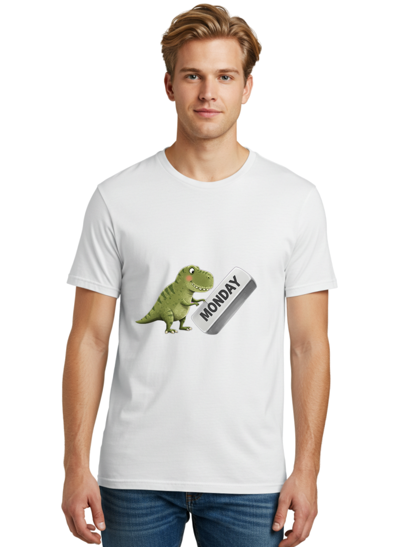T-Rex-Monday Men'S Graphic Tee, 100% Cotton, Comfortable Casual Summer Wear, Machine Washable, Cartoon Dinosaur Holding 'Monday' Sign, Funny Prehistoric Creature, Humorous Illustration, Monday Motivation, Dino Humor, T-Rex Character Bae794 22