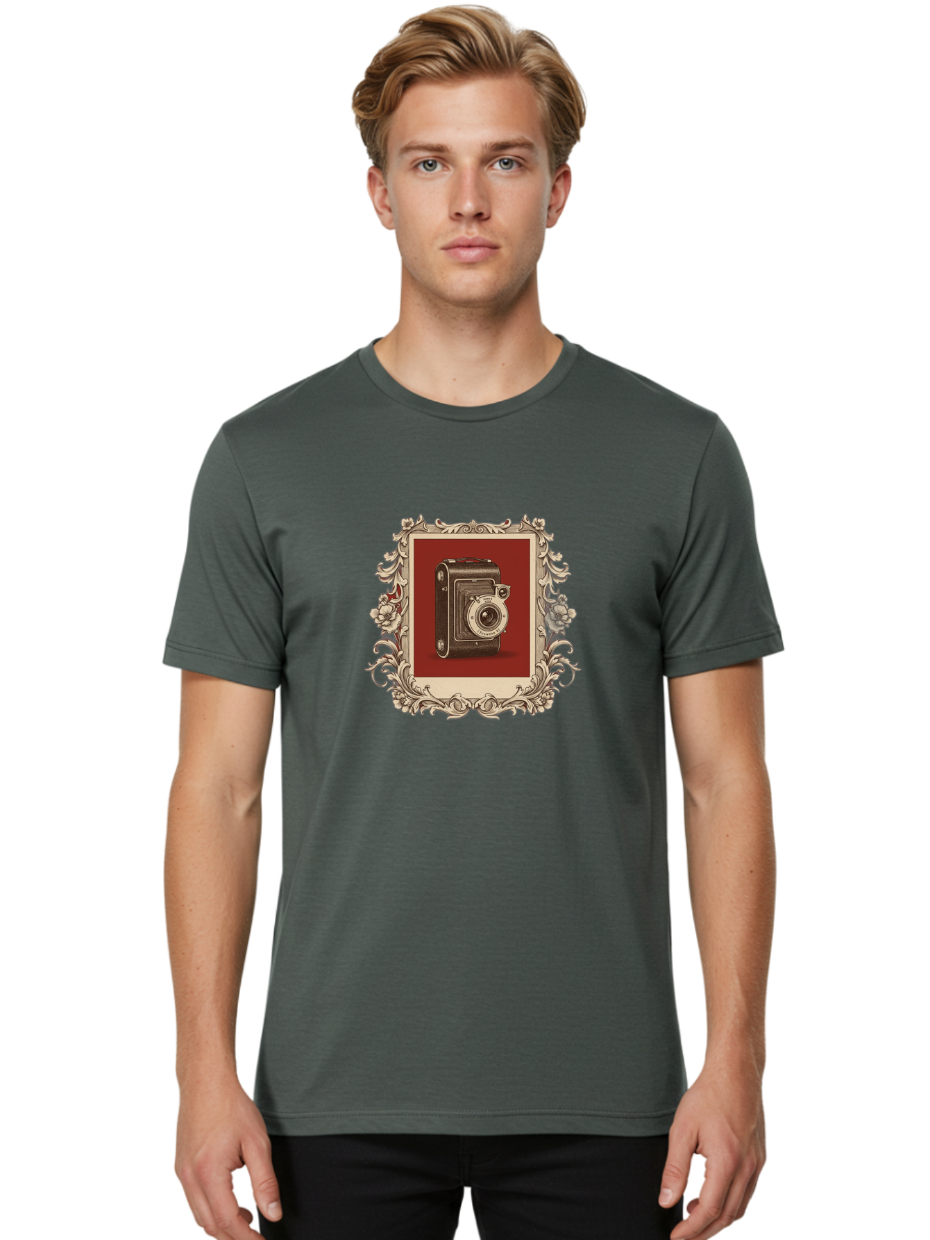Vintage-Camera-1 Men'S Graphic Tee, 100% Cotton, Comfortable Casual Summer Wear, Machine Washable, Vintage Camera, Ornate Frame, Floral Design, Old-Fashioned Photography, Antique Style, Camera Equipment, Retro Aesthetic, Classic Lens Bae804 30