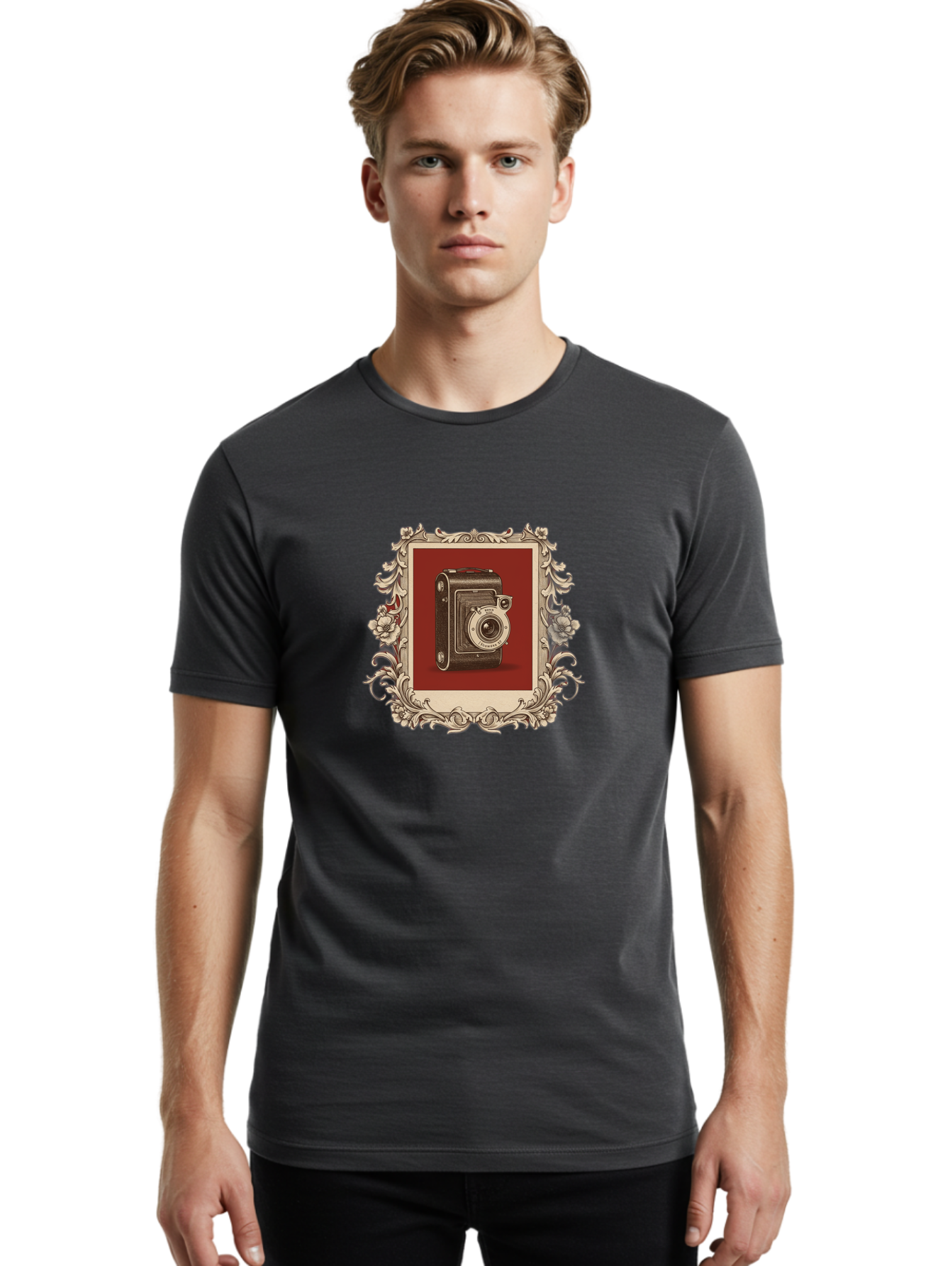Vintage-Camera-1 Men'S Graphic Tee, 100% Cotton, Comfortable Casual Summer Wear, Machine Washable, Vintage Camera, Ornate Frame, Floral Design, Old-Fashioned Photography, Antique Style, Camera Equipment, Retro Aesthetic, Classic Lens Bae804 17