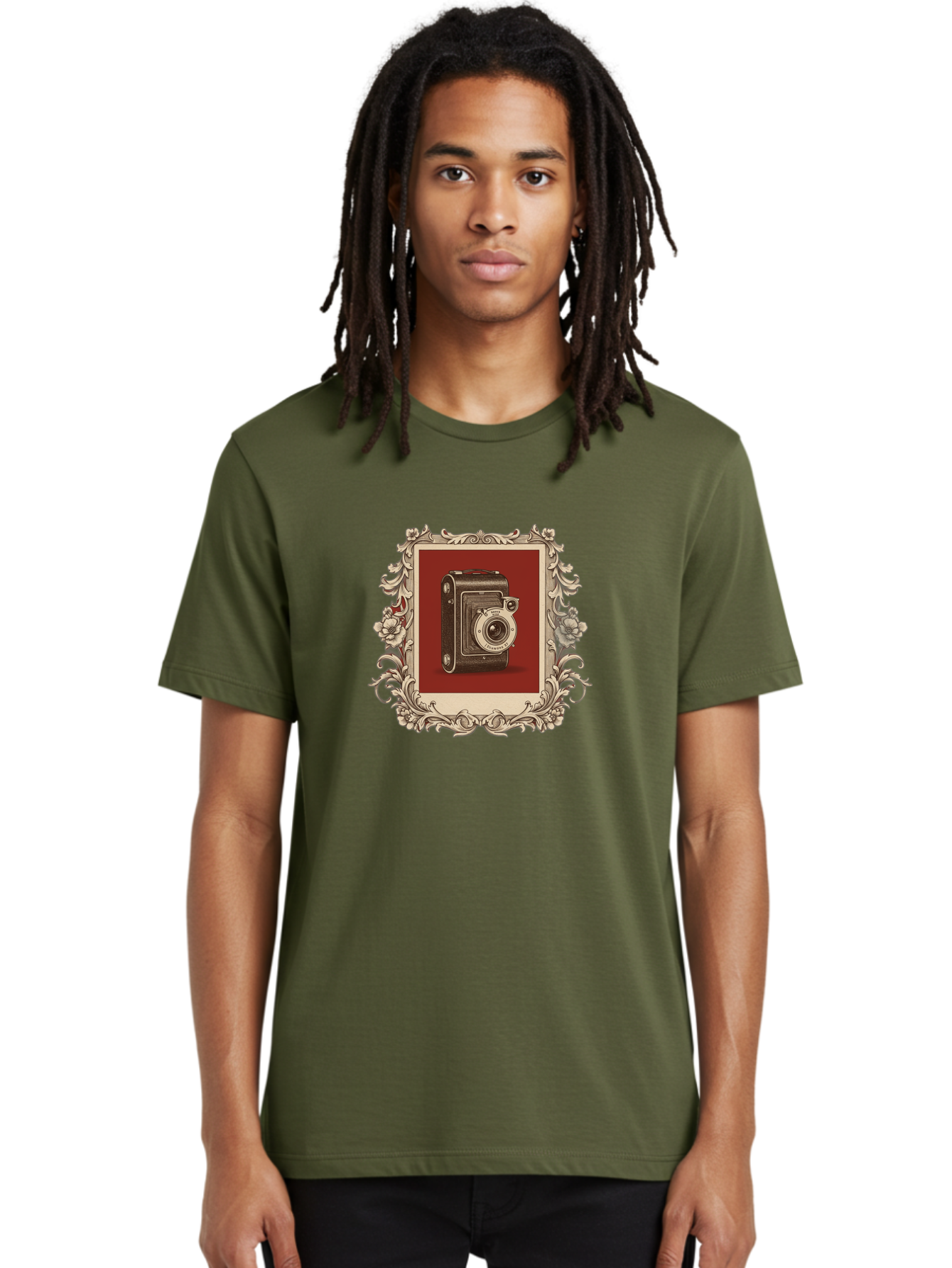 Vintage-Camera-1 Men'S Graphic Tee, 100% Cotton, Comfortable Casual Summer Wear, Machine Washable, Vintage Camera, Ornate Frame, Floral Design, Old-Fashioned Photography, Antique Style, Camera Equipment, Retro Aesthetic, Classic Lens Bae804 25