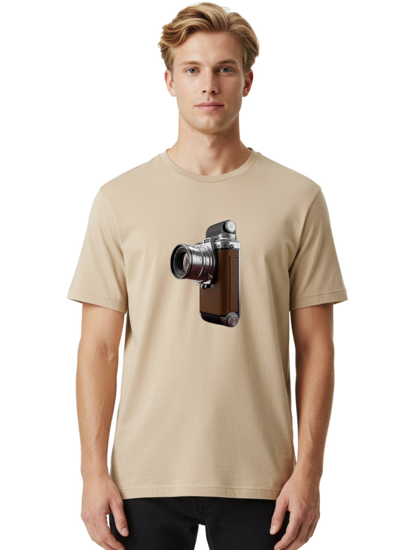 Vintage-Camera-8 Men'S Graphic Tee, 100% Cotton, Comfortable Casual Summer Wear, Machine Washable, Retro Camera, Old Photography Equipment, Classic Design, Film Camera, Lens, Brown Body, Silver Accents, Photography History, Nostalgic Feel, Bae812 24