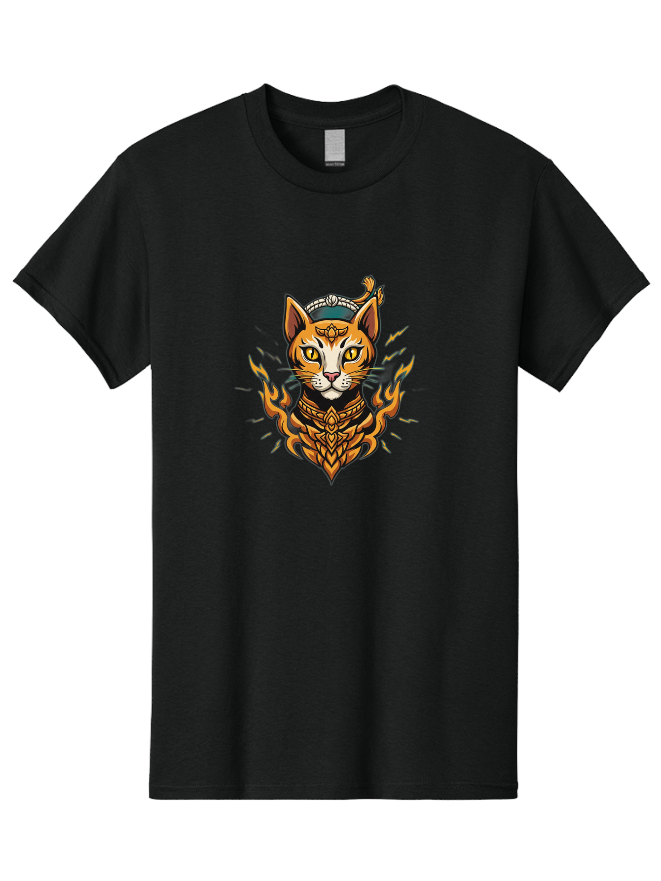 Warrior-Cat-Head Men'S Graphic Tee, 100% Cotton, Comfortable Casual Summer Wear, Machine Washable, Cat With Golden Armor, Warrior Cat, Fantasy Animal, Fierce Expression, Intense Gaze, Sword On Head, Flames, Mystical, Mythical Creature, Bae818 11