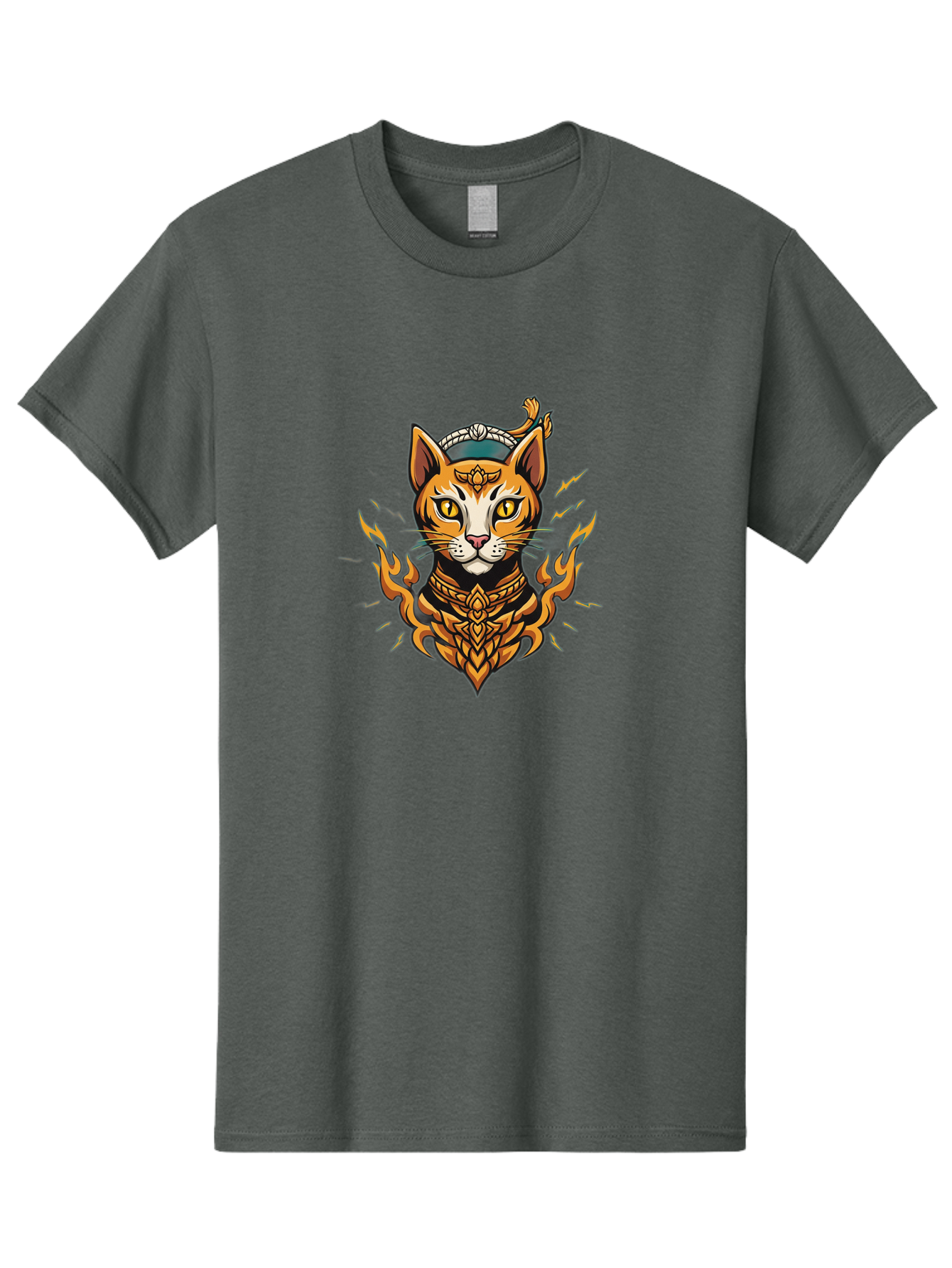 Warrior-Cat-Head Men'S Graphic Tee, 100% Cotton, Comfortable Casual Summer Wear, Machine Washable, Cat With Golden Armor, Warrior Cat, Fantasy Animal, Fierce Expression, Intense Gaze, Sword On Head, Flames, Mystical, Mythical Creature, Bae818 5