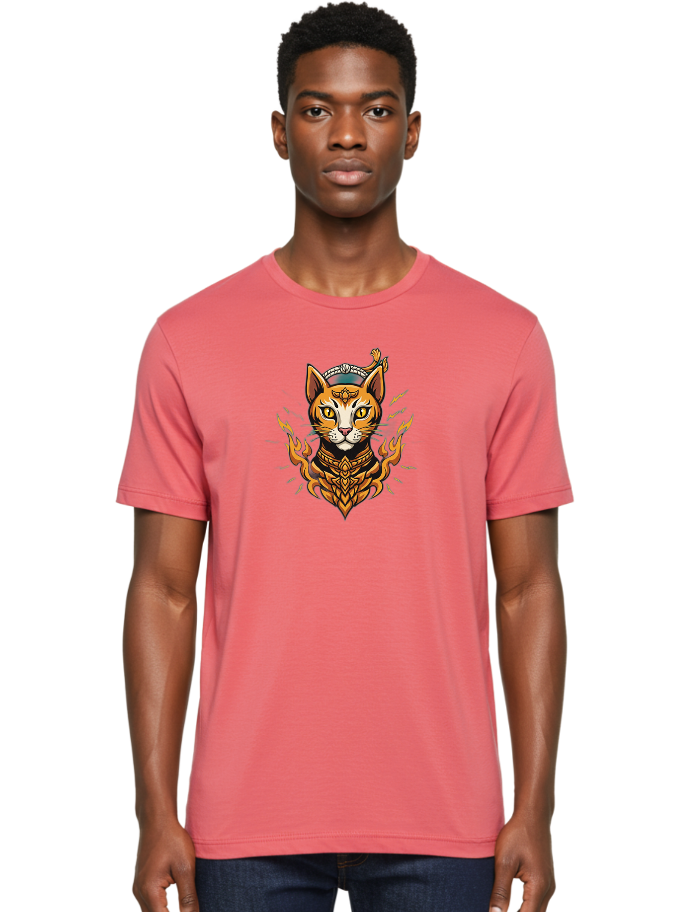 Warrior-Cat-Head Men'S Graphic Tee, 100% Cotton, Comfortable Casual Summer Wear, Machine Washable, Cat With Golden Armor, Warrior Cat, Fantasy Animal, Fierce Expression, Intense Gaze, Sword On Head, Flames, Mystical, Mythical Creature, Bae818 30