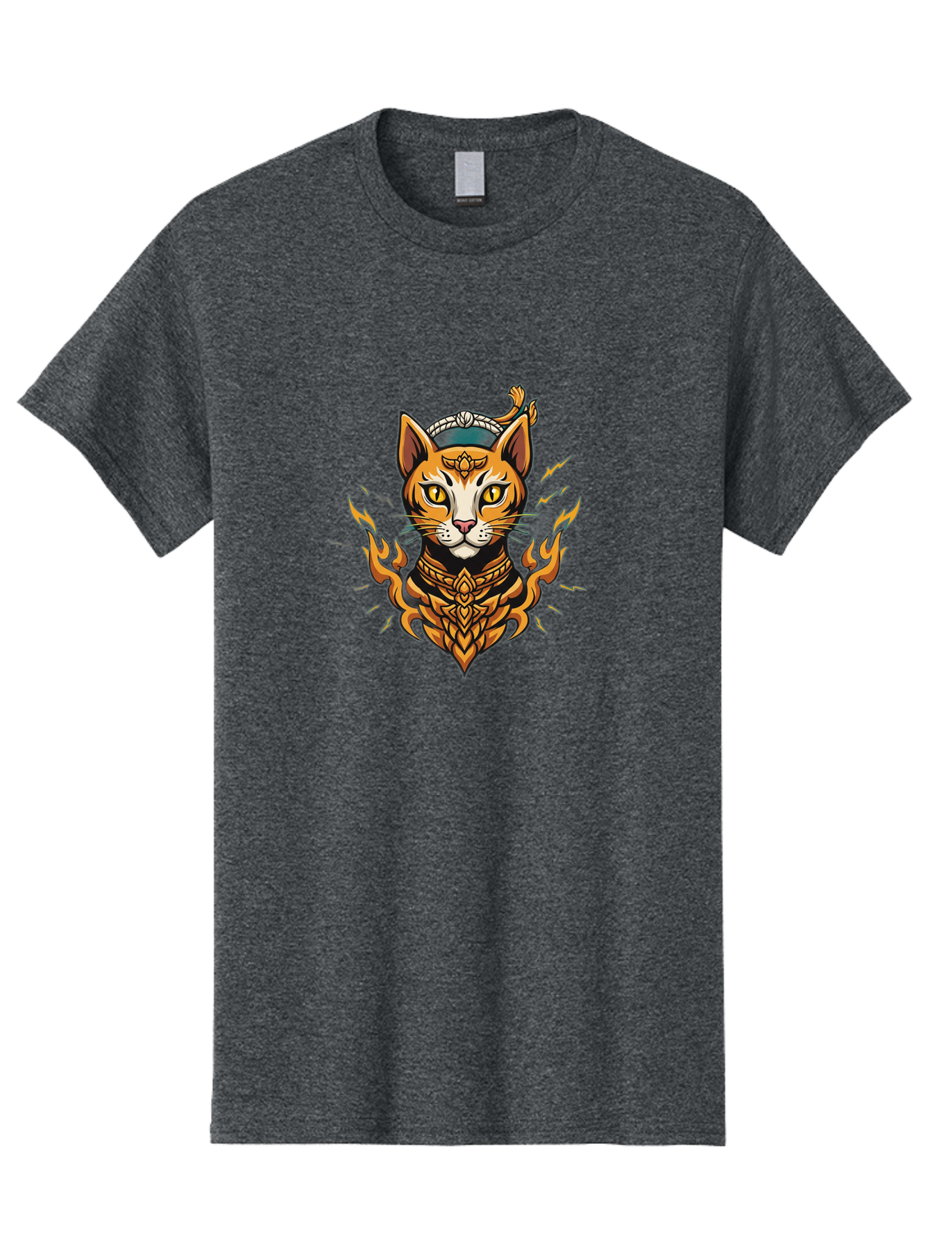 Warrior-Cat-Head Men'S Graphic Tee, 100% Cotton, Comfortable Casual Summer Wear, Machine Washable, Cat With Golden Armor, Warrior Cat, Fantasy Animal, Fierce Expression, Intense Gaze, Sword On Head, Flames, Mystical, Mythical Creature, Bae818 8