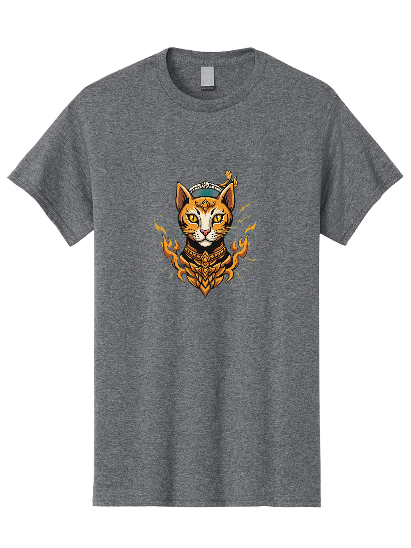 Warrior-Cat-Head Men'S Graphic Tee, 100% Cotton, Comfortable Casual Summer Wear, Machine Washable, Cat With Golden Armor, Warrior Cat, Fantasy Animal, Fierce Expression, Intense Gaze, Sword On Head, Flames, Mystical, Mythical Creature, Bae818 10