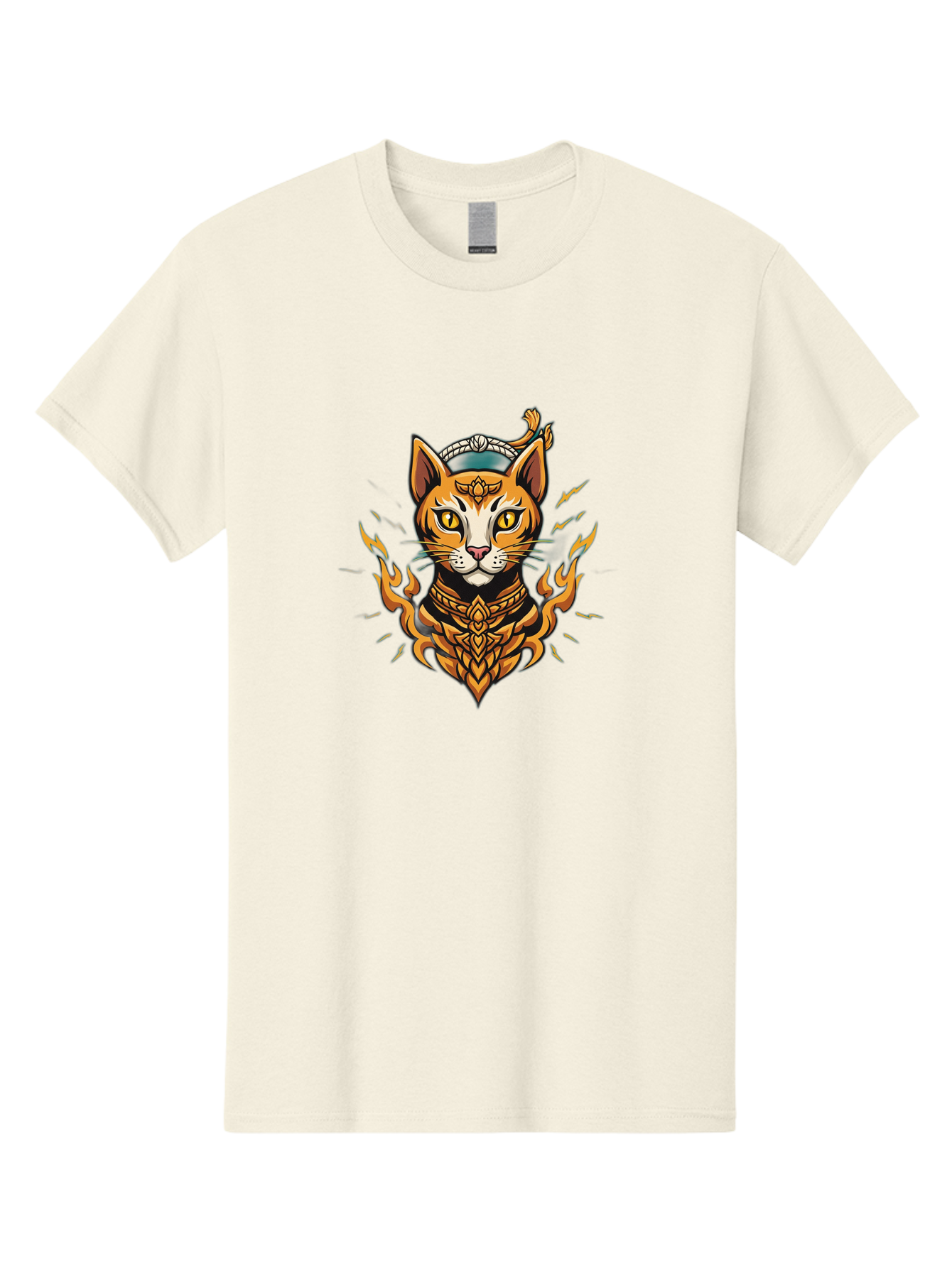 Warrior-Cat-Head Men'S Graphic Tee, 100% Cotton, Comfortable Casual Summer Wear, Machine Washable, Cat With Golden Armor, Warrior Cat, Fantasy Animal, Fierce Expression, Intense Gaze, Sword On Head, Flames, Mystical, Mythical Creature, Bae818 13