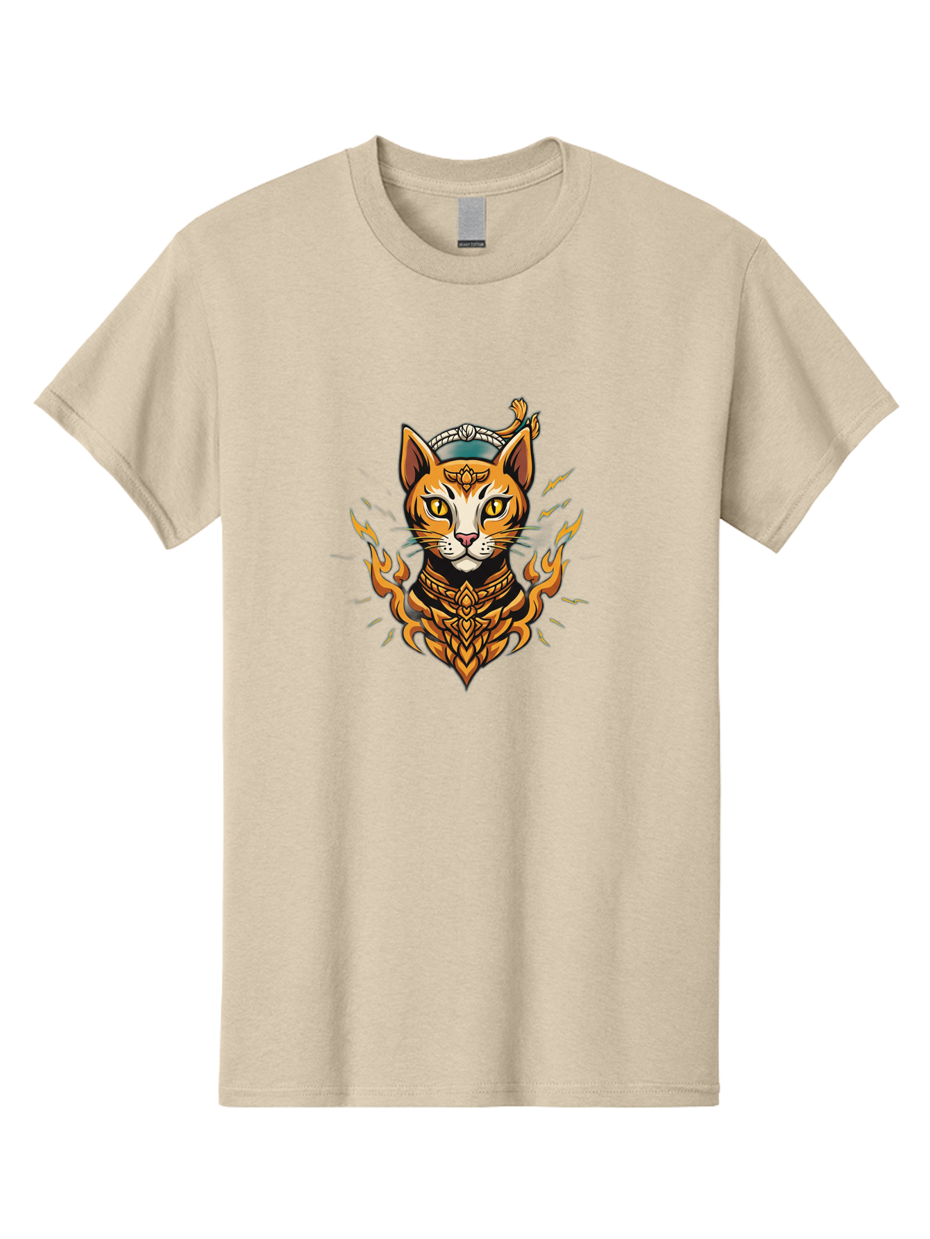 Warrior-Cat-Head Men'S Graphic Tee, 100% Cotton, Comfortable Casual Summer Wear, Machine Washable, Cat With Golden Armor, Warrior Cat, Fantasy Animal, Fierce Expression, Intense Gaze, Sword On Head, Flames, Mystical, Mythical Creature, Bae818 4